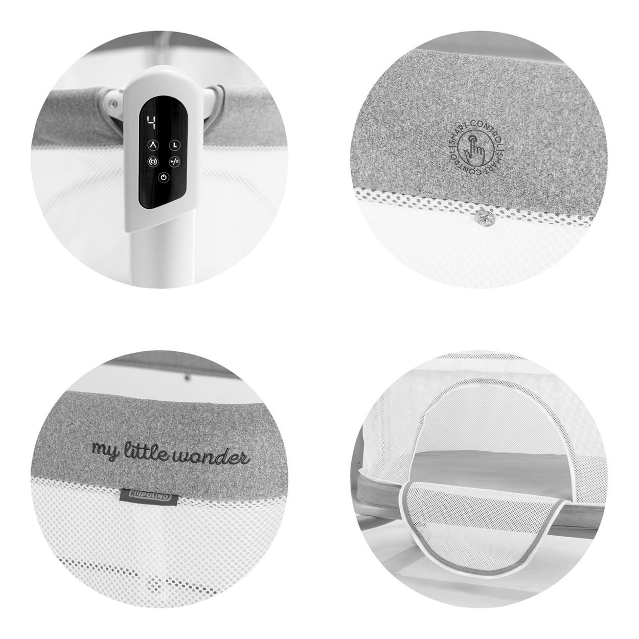 Ein Babybett mit grauem Stoff und weißem Netz. Details sind ein Bedienfeld, die Worte 'my little wonder' und 'smart control'.