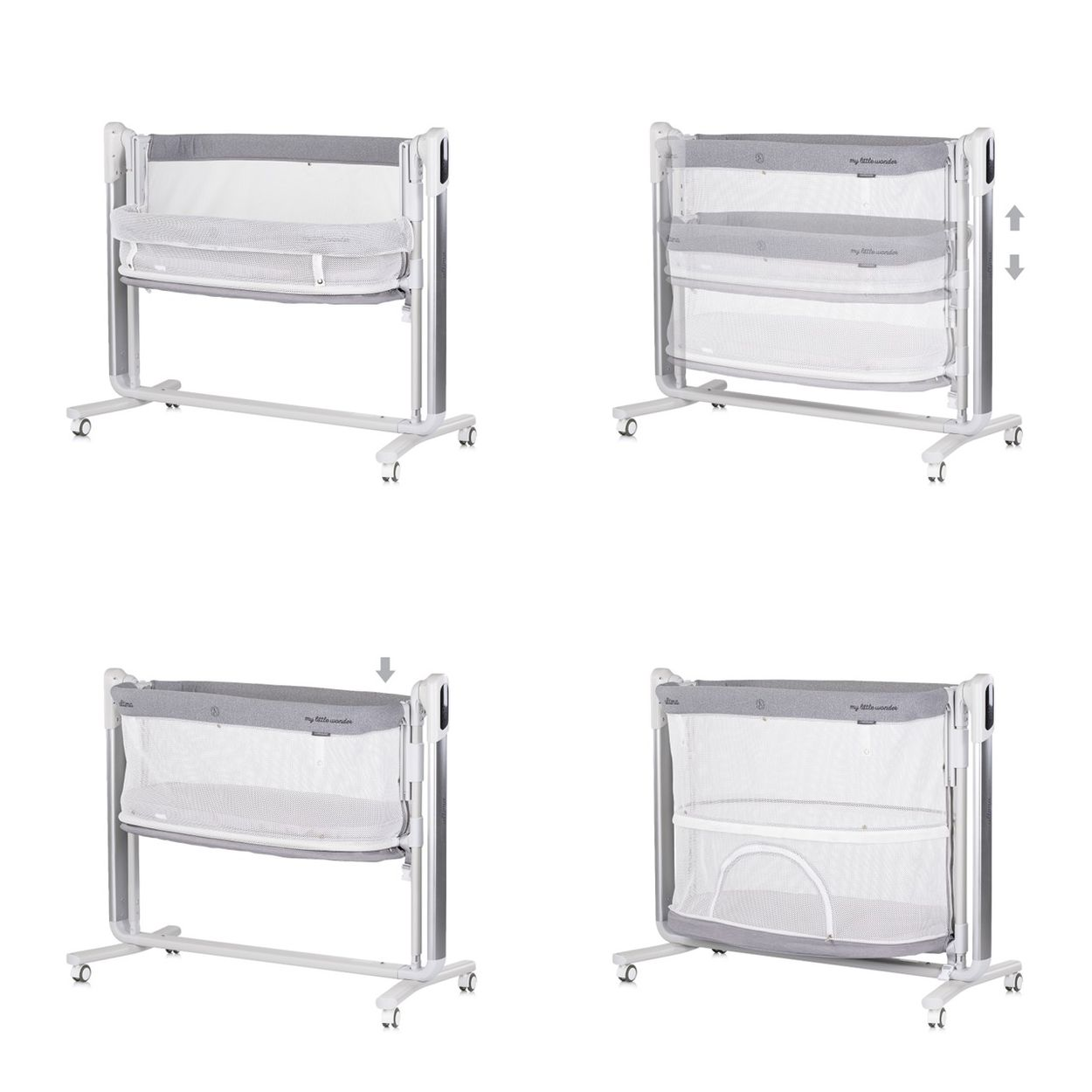 Vier Bilder zeigen ein Babybett in verschiedenen Positionen. Es ist weiß und grau, mit Netzwänden. Das Bett ist verstellbar.
