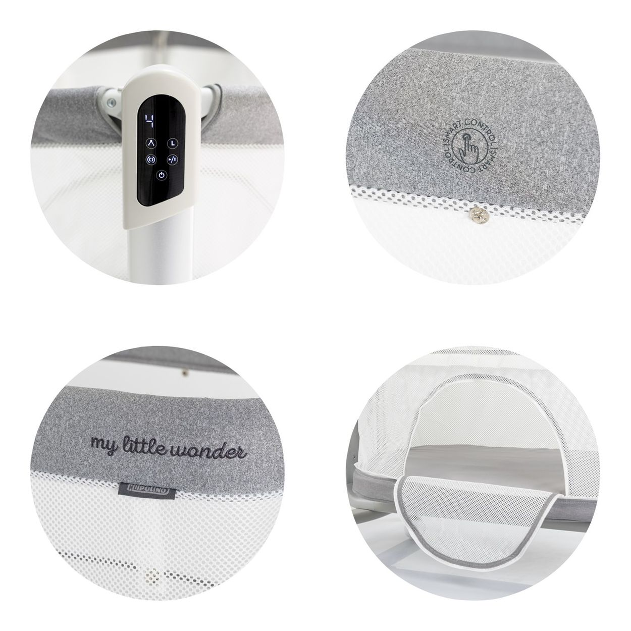 Nahaufnahmen eines Babybettes mit grauem Stoff und weißem Netz. Details umfassen Bedienfeld, Text und Smart Control Logo.