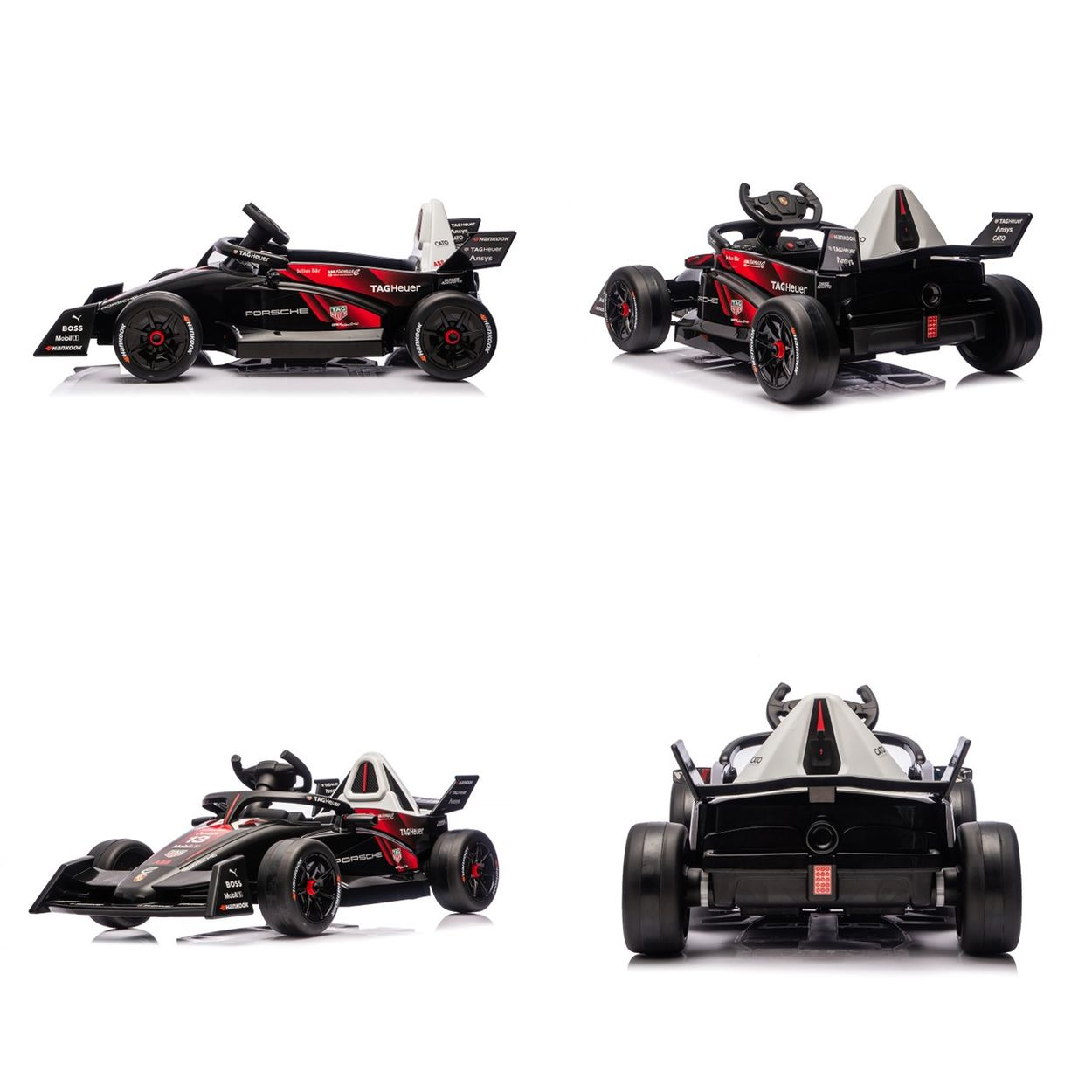 Vier Ansichten eines schwarzen und roten Spielzeug-Rennwagens. Das Auto hat Sponsorenlogos, schwarze Räder und einen weißen Heckflügel.