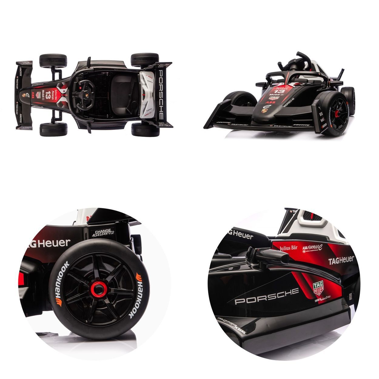Vier Ansichten eines schwarzen Porsche-Rennwagens. Enthält Draufsicht, Seitenansicht und Nahaufnahmen von Rädern und Details.