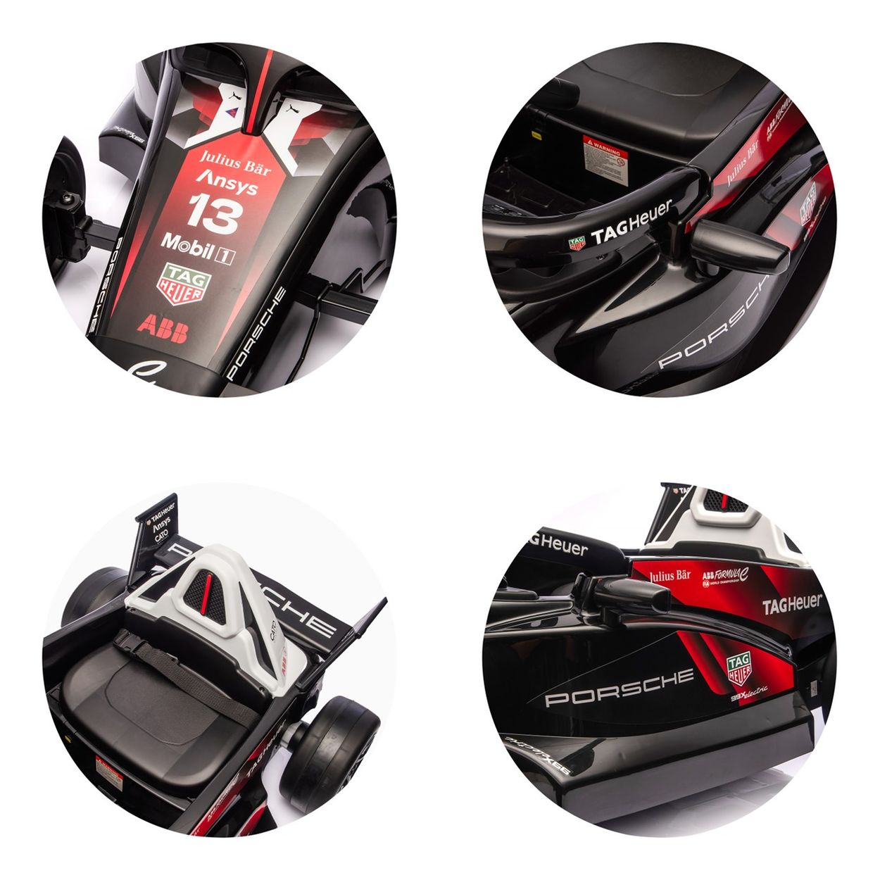 Schwarzes und rotes Spielzeug-Porsche-Rennauto mit Sponsorenlogos. Merkmale sind ein Sitz, Räder und TAG Heuer-Branding.