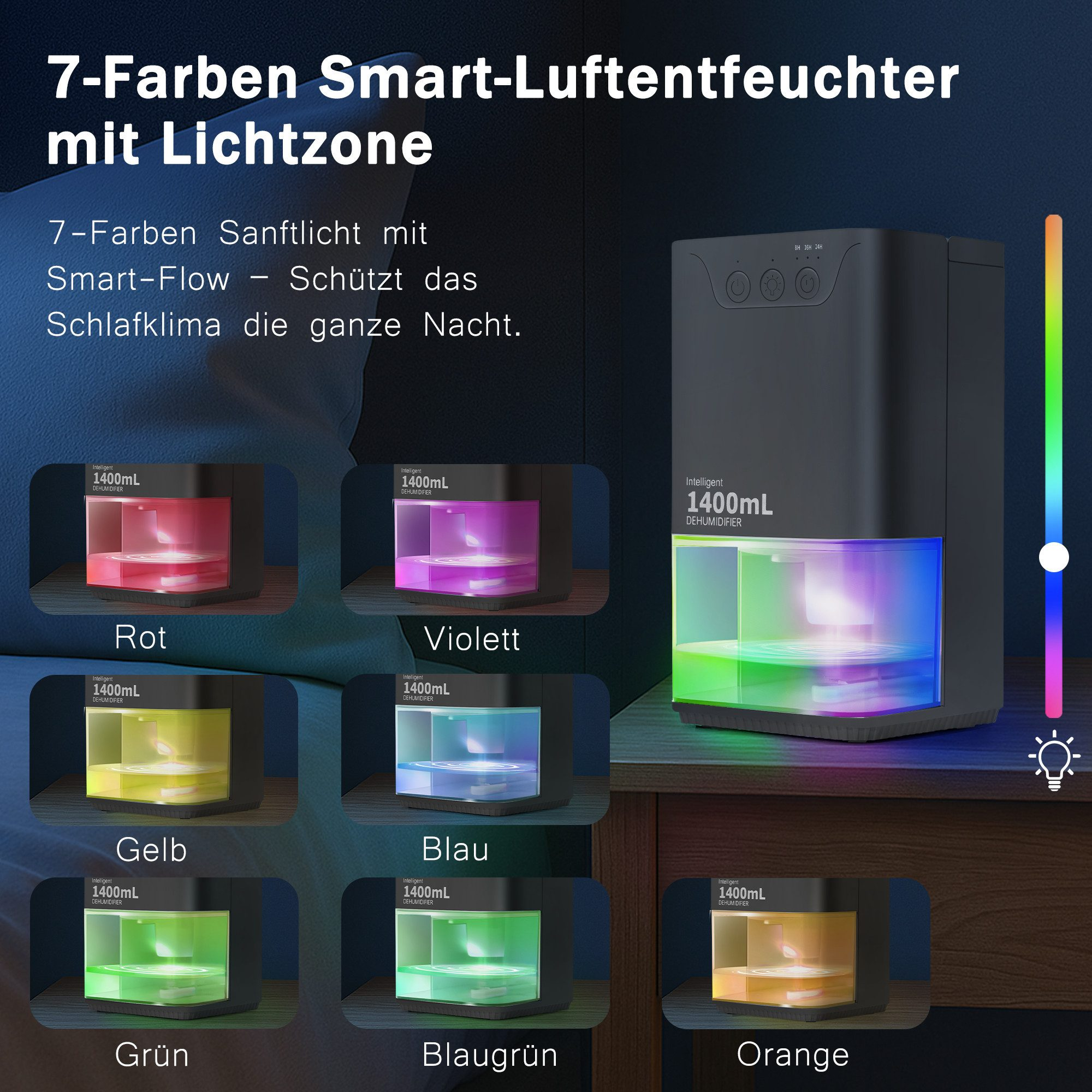 Ein intelligenter Luftentfeuchter mit siebenfarbigem Licht. Es hat ein schwarzes Gehäuse und eine farbenfrohe Lichtanzeige.