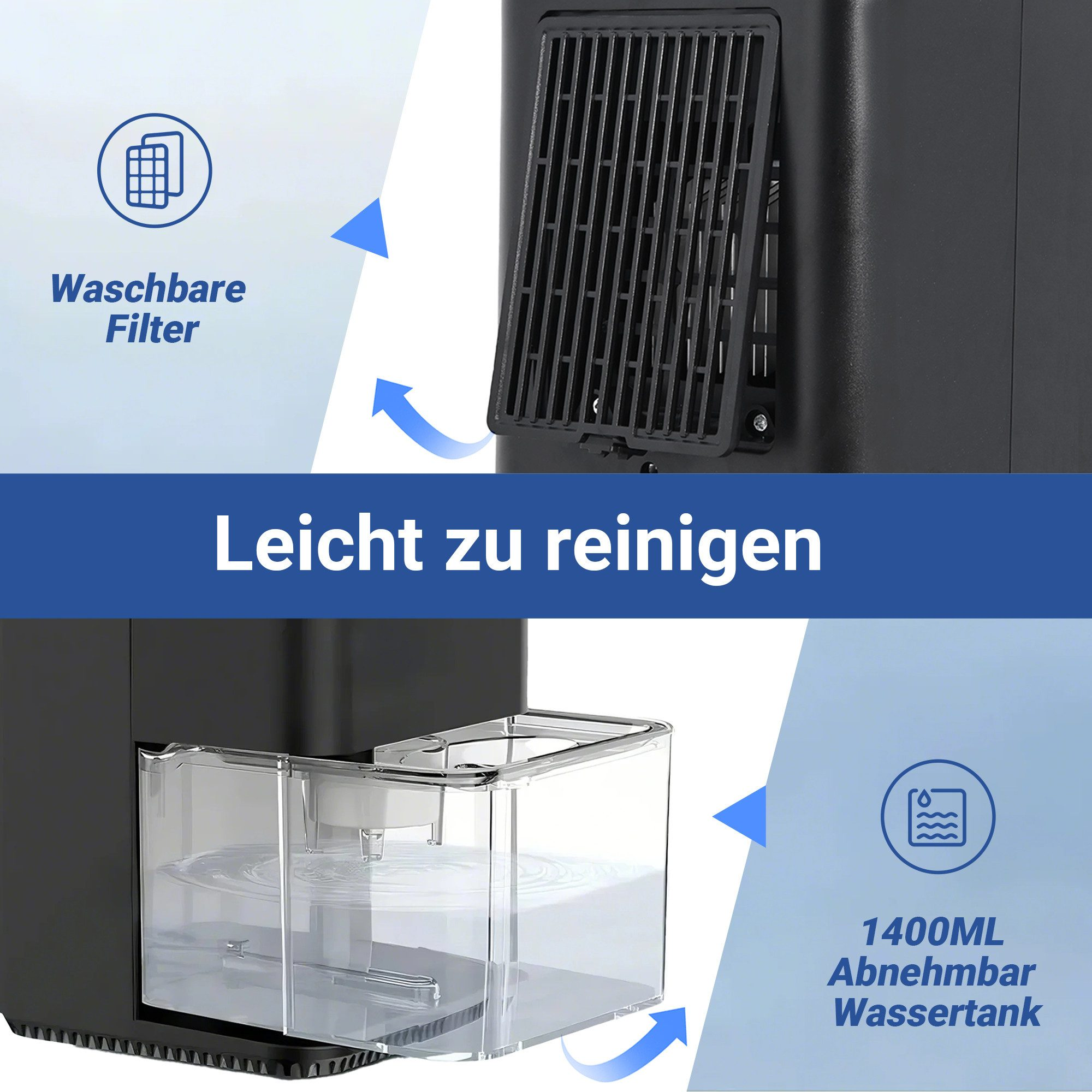 Das Bild zeigt einen schwarzen Luftreiniger mit waschbarem Filter, leicht zu reinigen und einem 1400 ml Wassertank.