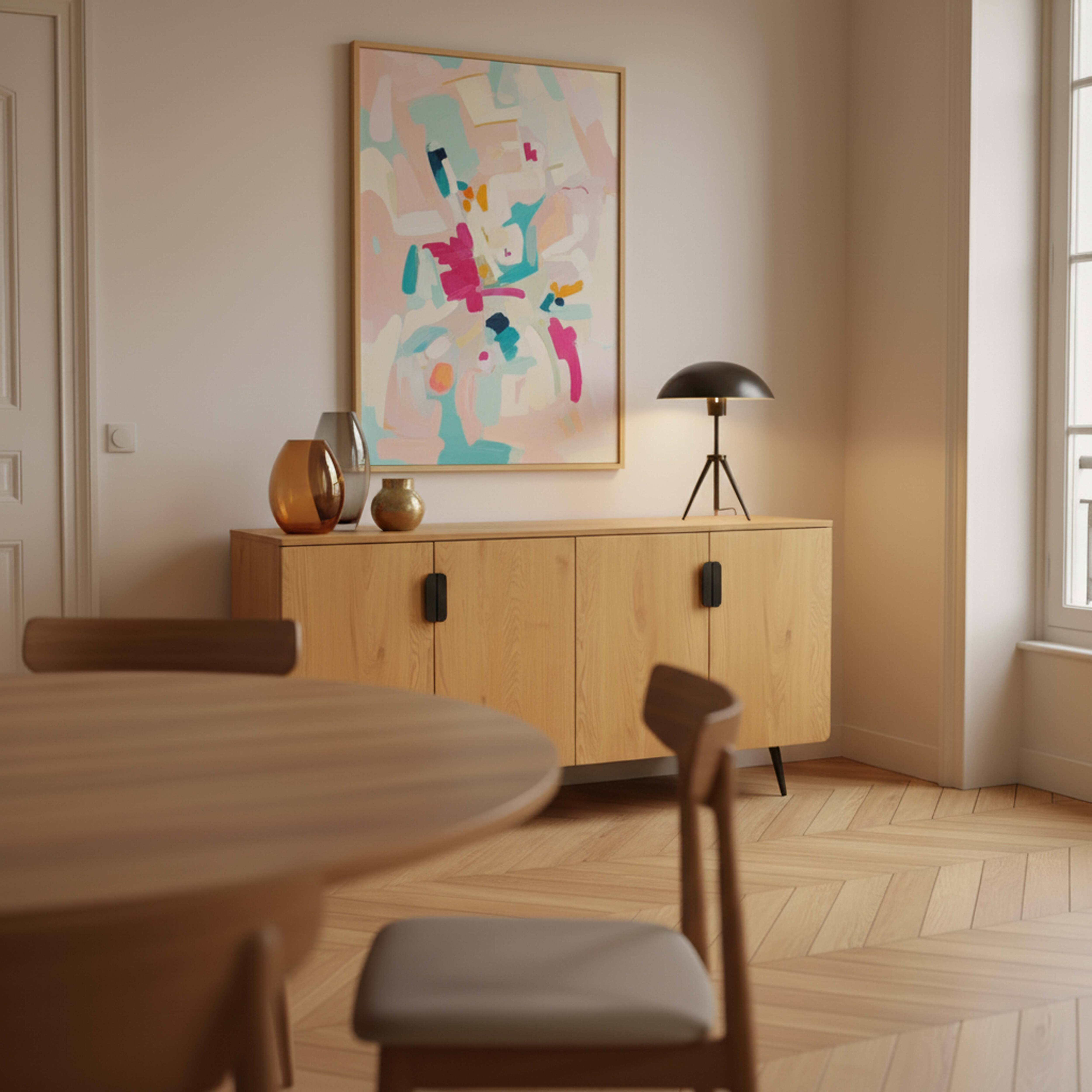 Wohnzimmer mit Kunst, Schrank mit Vasen, Tisch und Stühlen. Holzboden und ein Fenster.