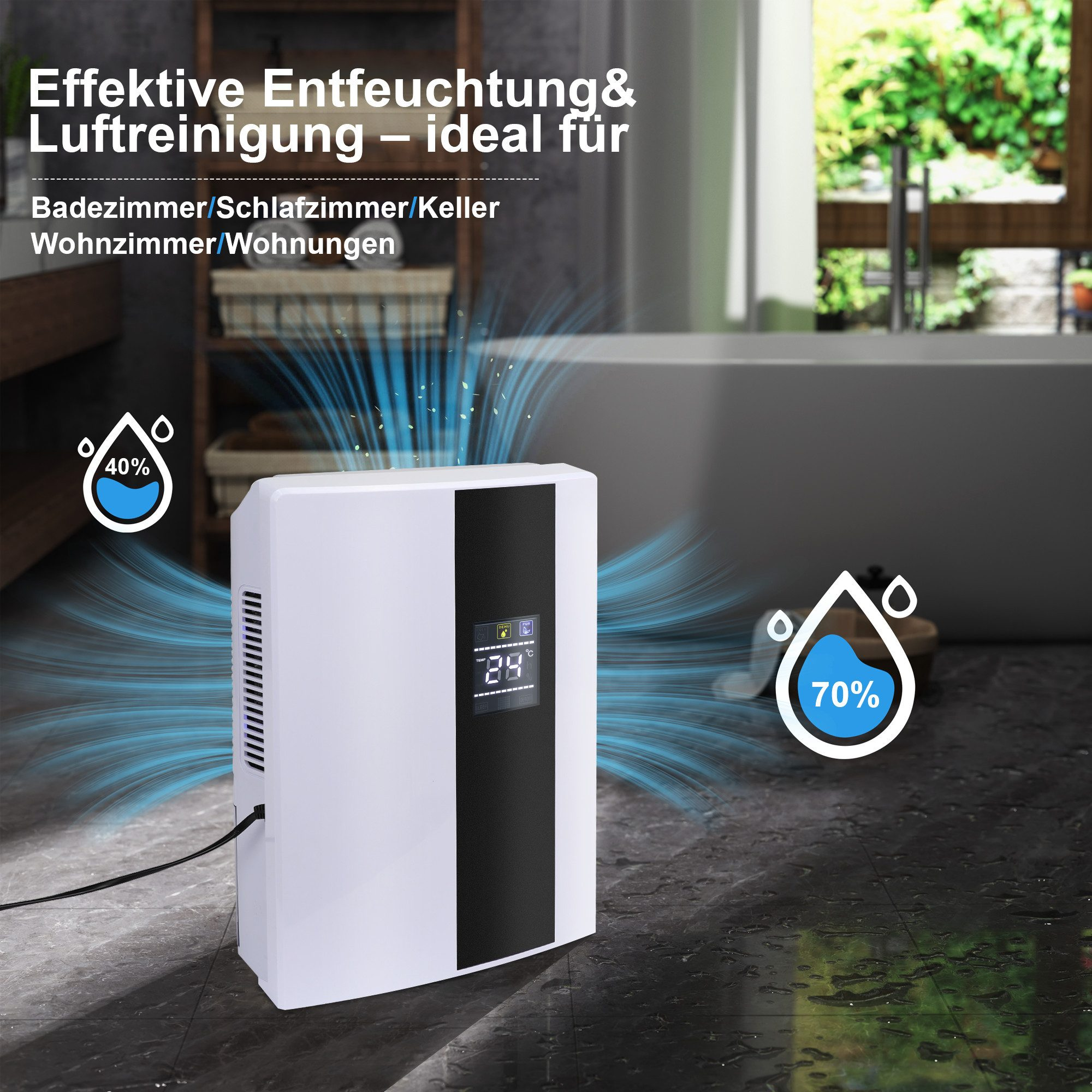 Ein weißer Luftentfeuchter auf grauem Boden. Zeigt eine Temperatur von 24 Grad an. Wassertropfen zeigen 40 % und 70 % Luftfeuchtigkeit.
