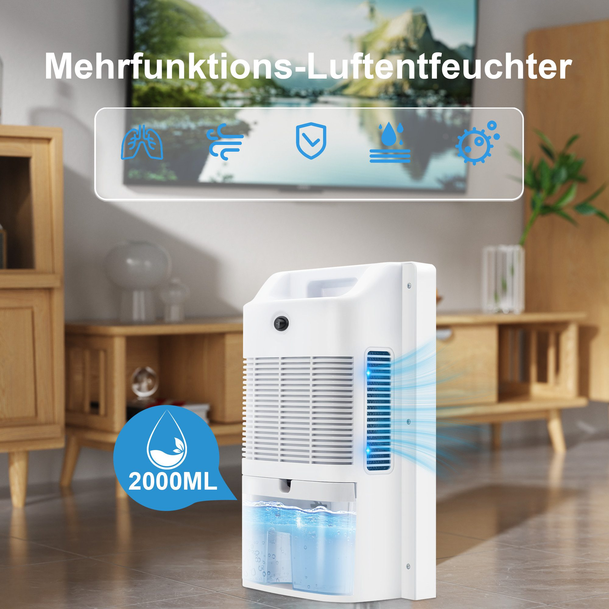 Ein weißer Luftentfeuchter mit blauem Luftstrom in einem Wohnzimmer. Er hat einen Wassertank und Symbole.