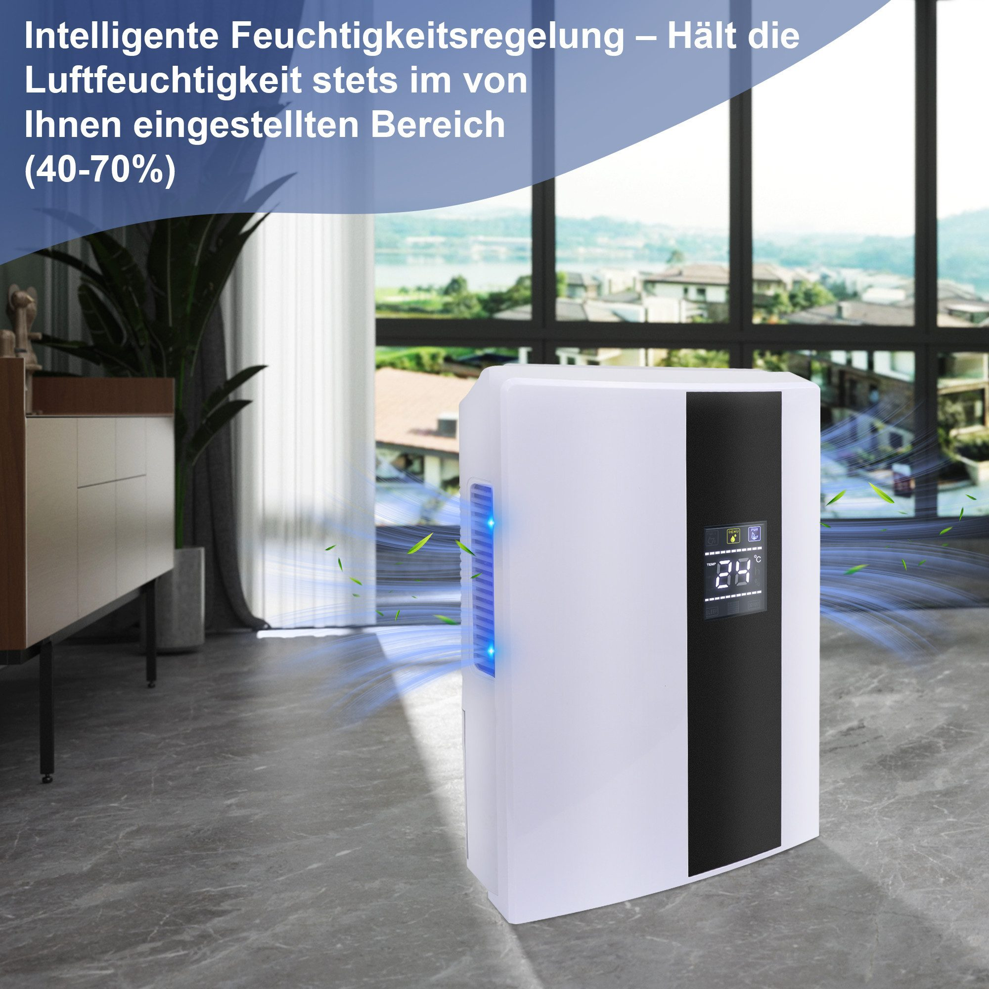 Ein weißer Luftentfeuchter mit Digitalanzeige steht in einem Raum. Die Anzeige zeigt 28. Ein Fenster und Möbel sind sichtbar.