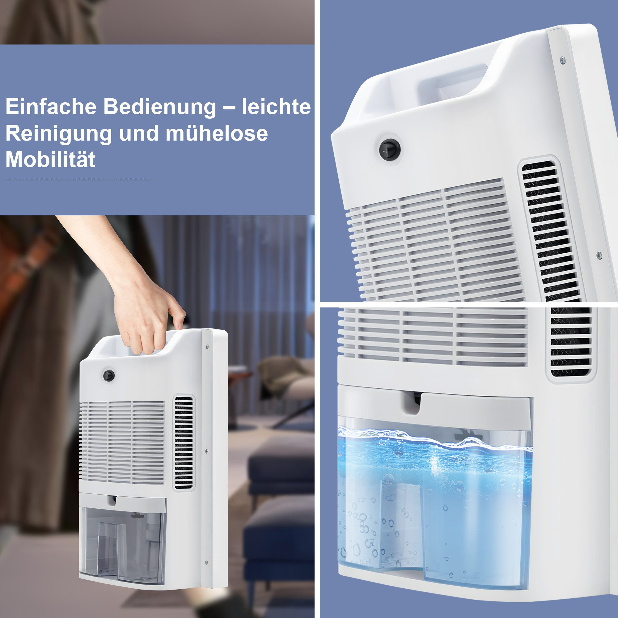 Ein weißer Luftentfeuchter wird von einer Hand gehalten. Er hat einen Wassertank mit Wasser. Ausschnitte zeigen Details.