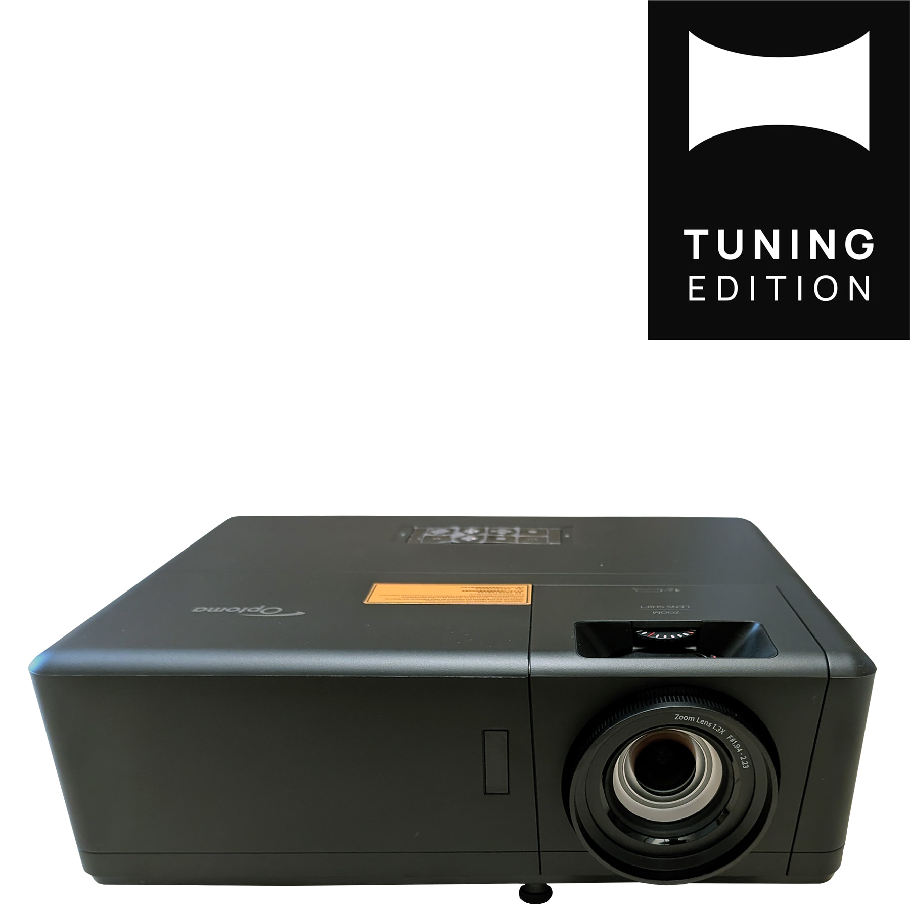 Czarny projektor Optoma z obiektywem, logo 'Tuning Edition' i białym tłem.
