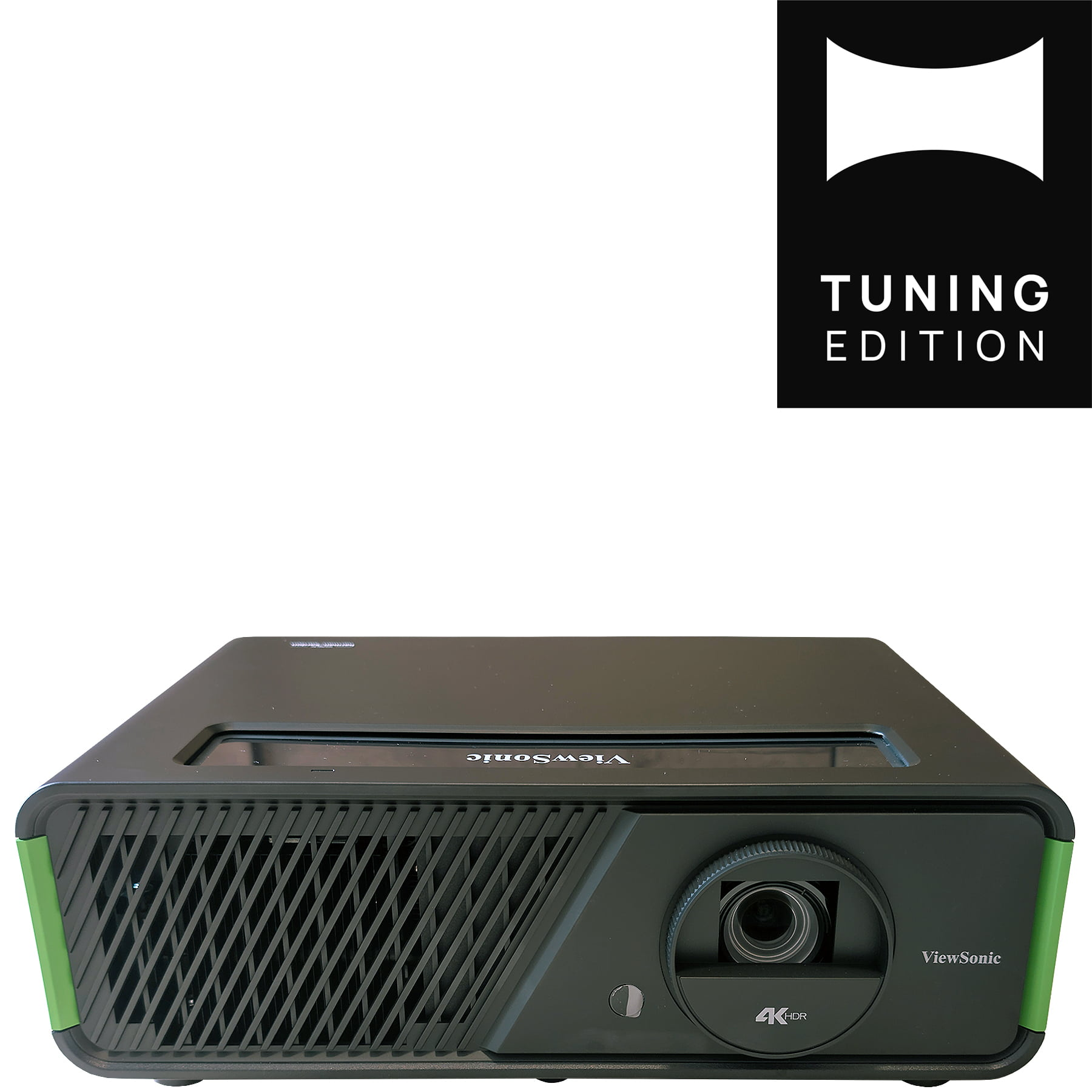 Ein schwarzer ViewSonic-Projektor mit grünen Akzenten. Das Tuning Edition-Logo ist im Hintergrund.