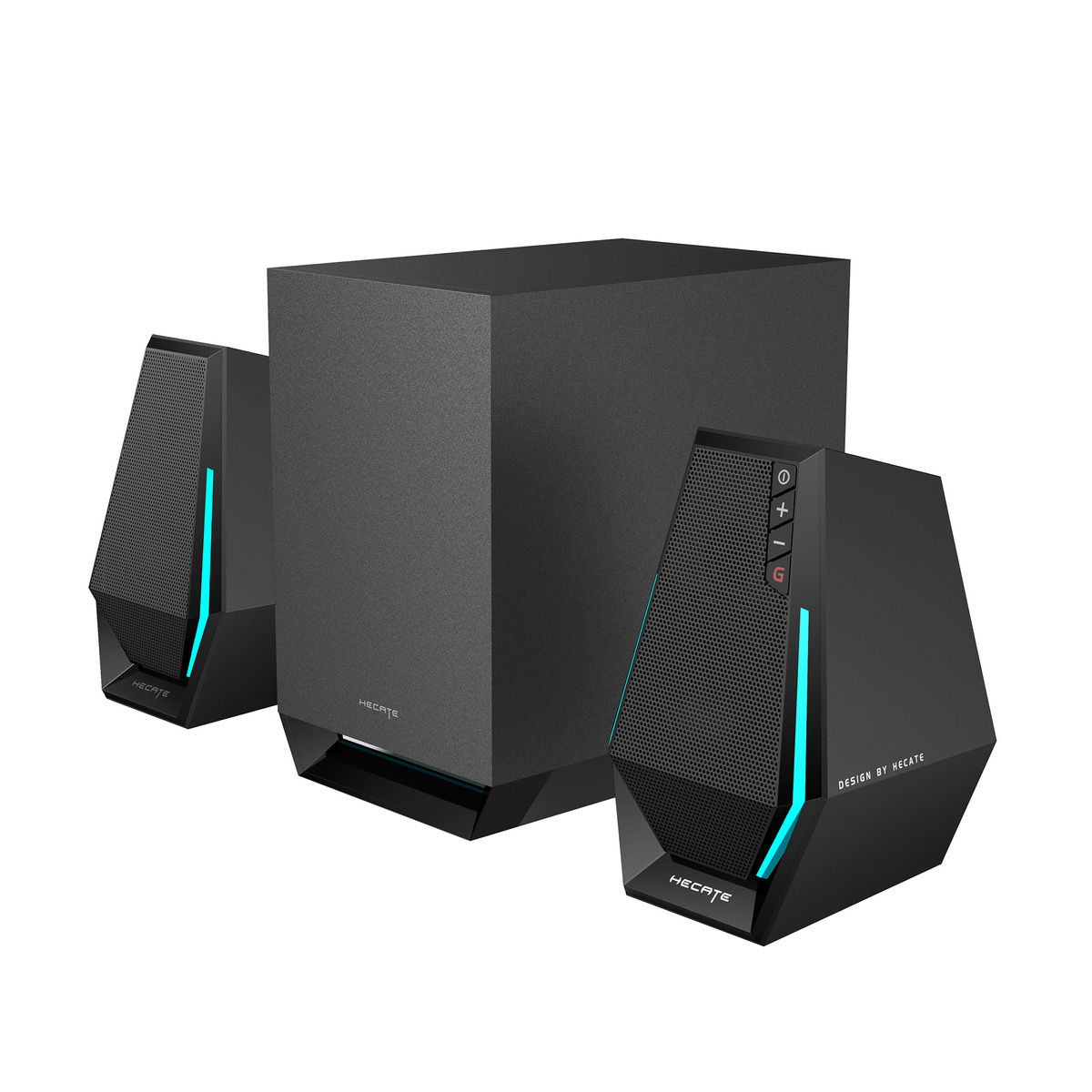 Czarny system głośników HECATE z subwooferem i dwoma głośnikami satelitarnymi, z niebieskimi akcentami LED. Widoczny napis Design by HECATE.