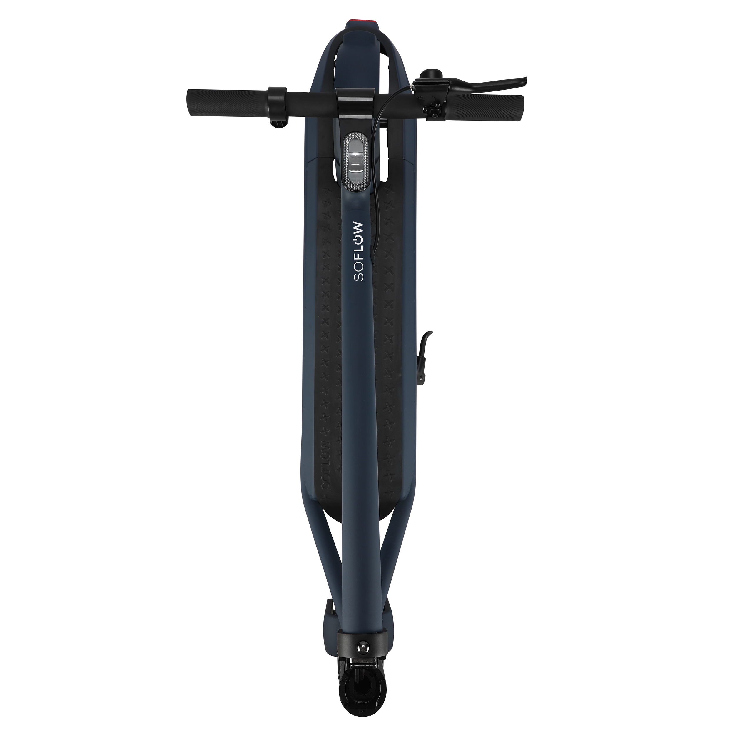 Uno scooter SOFLOW blu scuro è visto dall'alto. Manubrio e piattaforma sono visibili, con sfondo bianco.