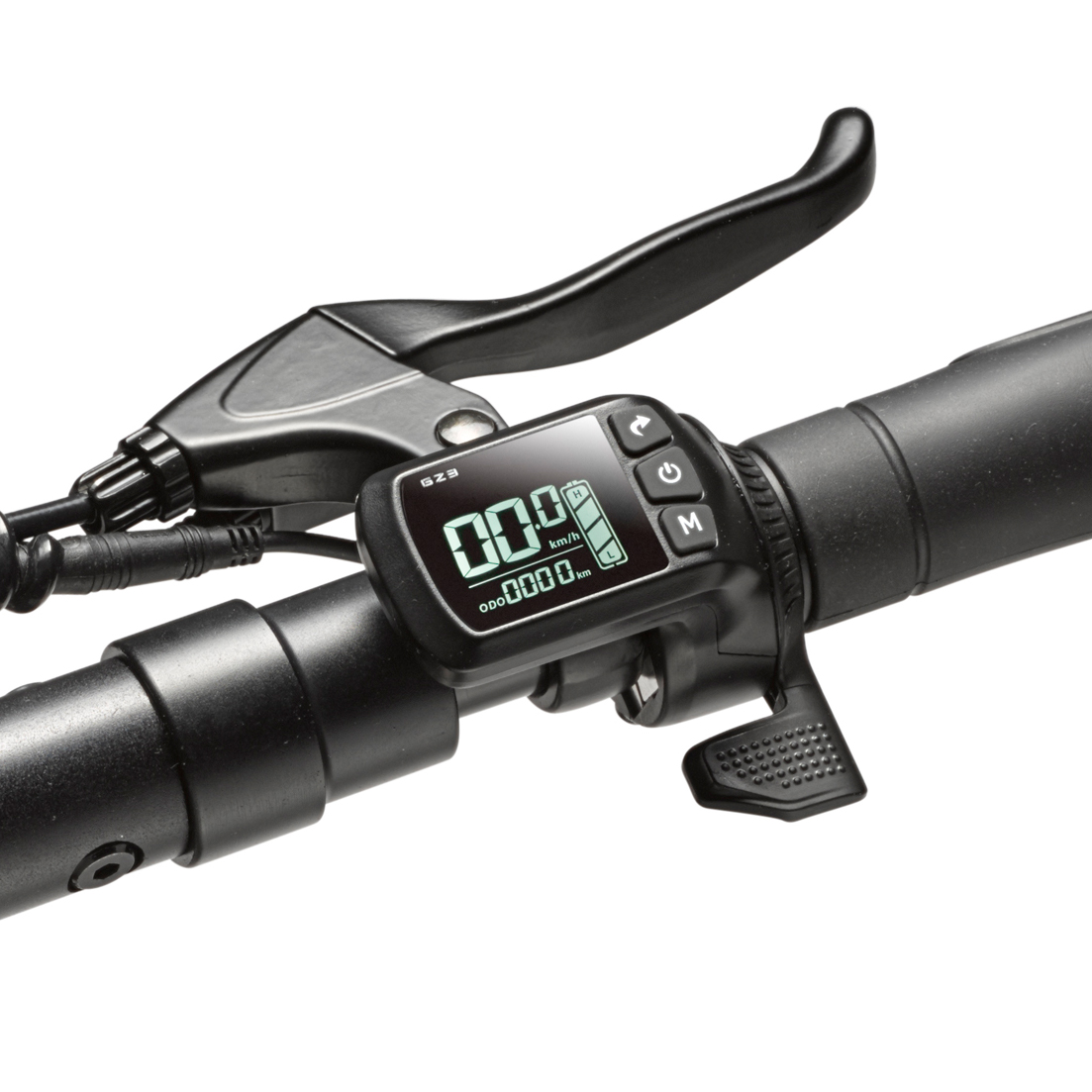 Nahaufnahme eines Rollerlenkers. Er hat ein Display mit 00,0 km/h, einen Bremshebel und mehrere Knöpfe. Der Lenker ist schwarz.