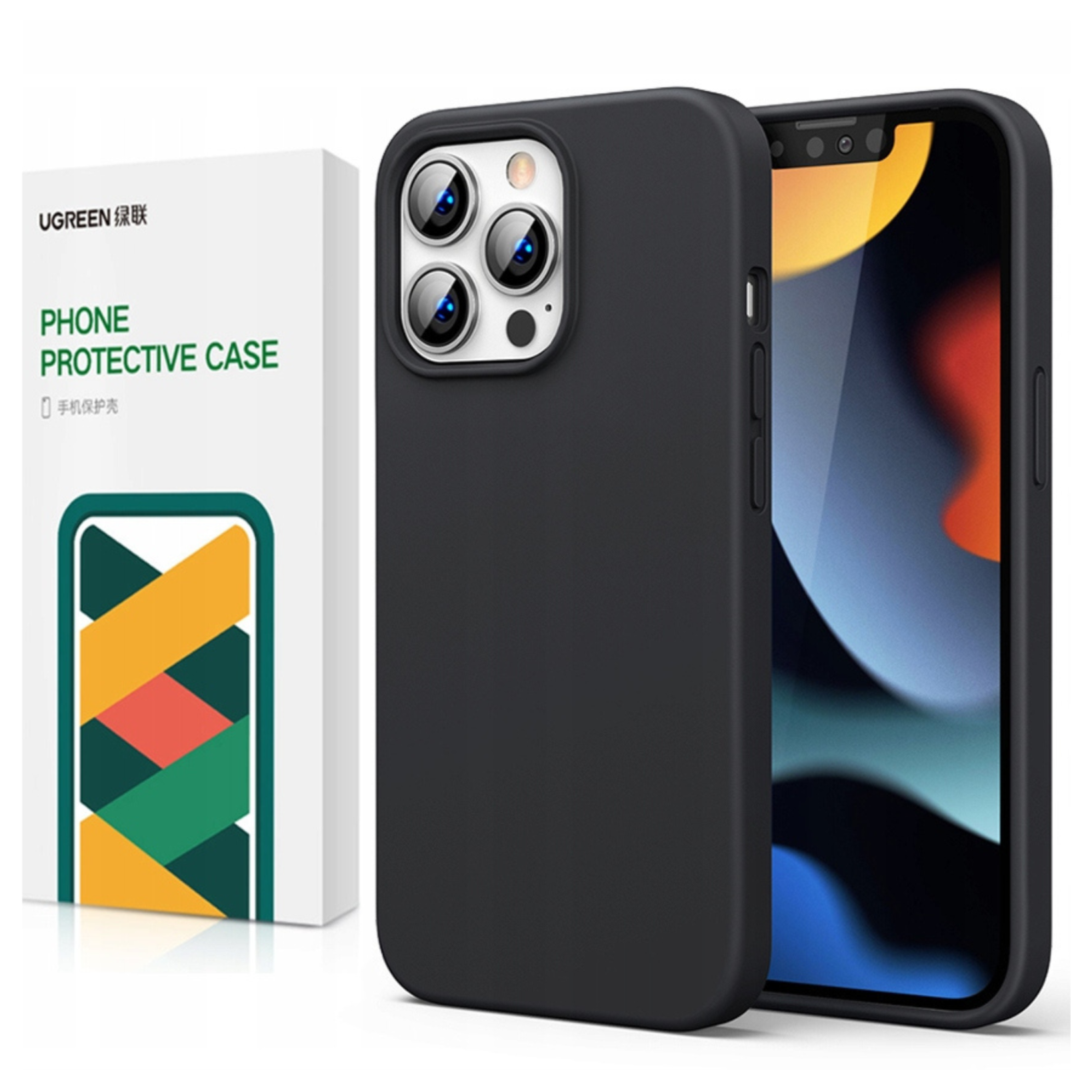Custodia e telefono neri con scatola. Custodia e telefono sono neri. La scatola è bianca con grafica verde e gialla.