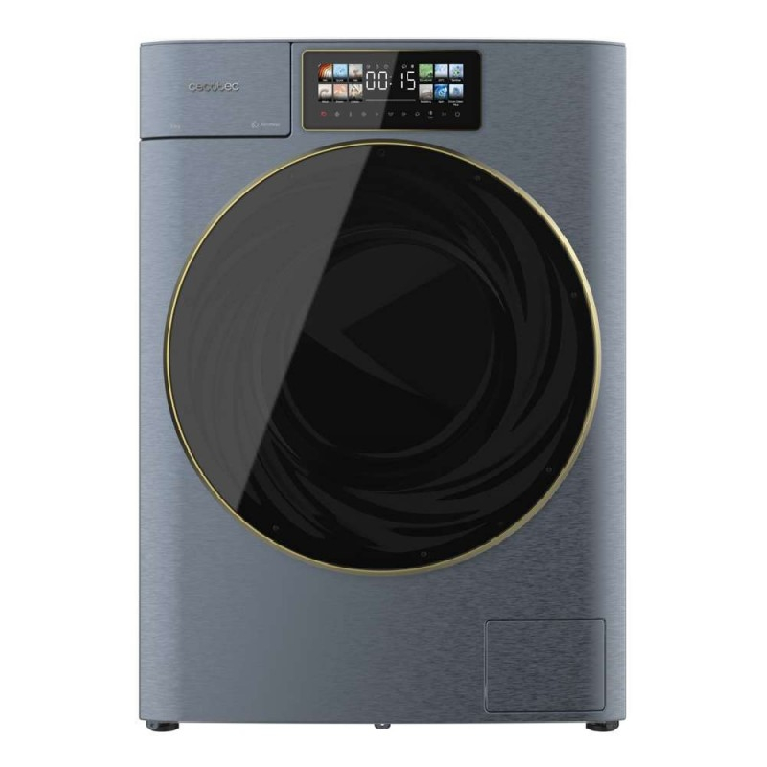 Una lavadora moderna con puerta de cristal oscura con contorno dorado. Tiene una pantalla digital y un acabado gris metálico.