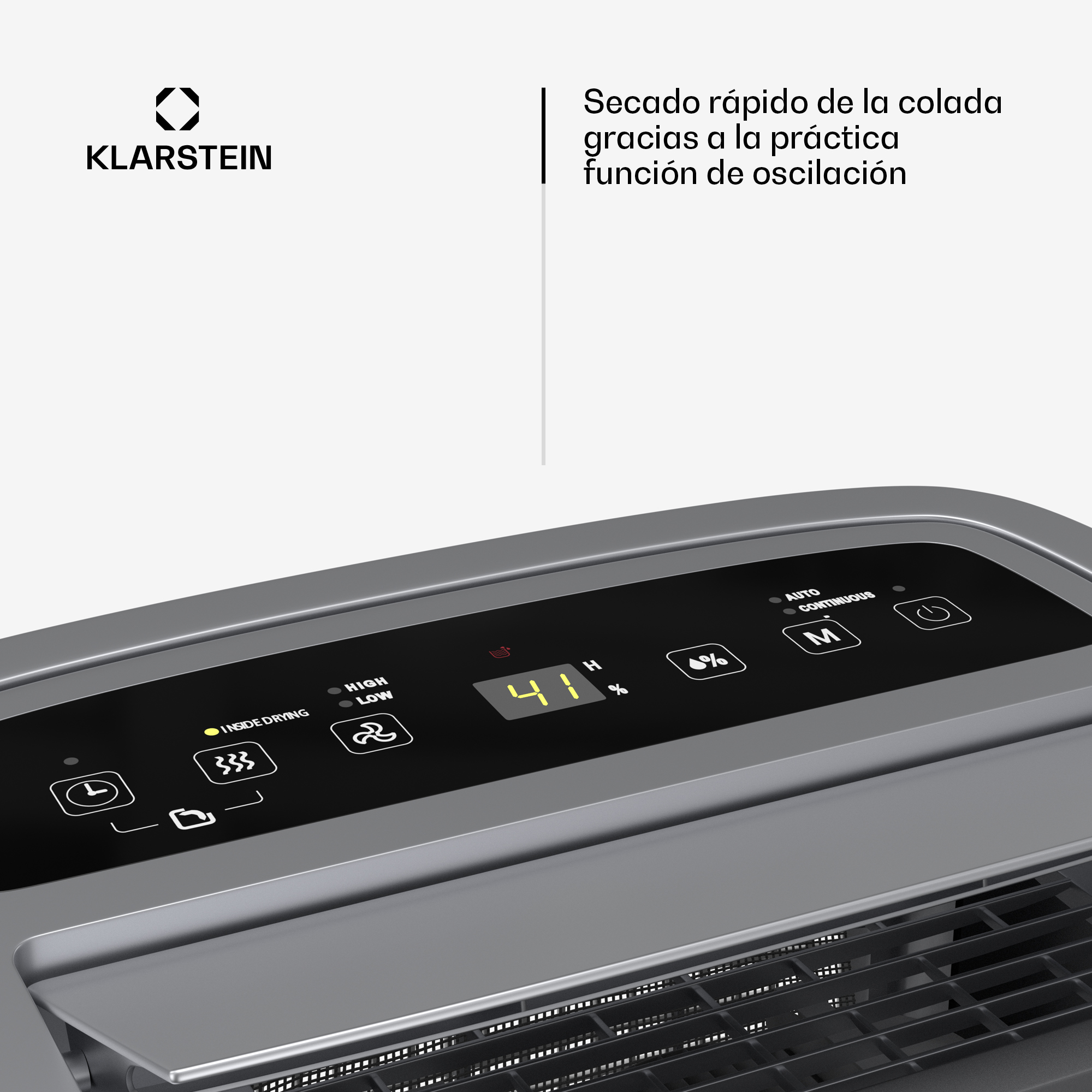 Un primo piano di un pannello di controllo grigio con display digitale che mostra il 41%. Il marchio è Klarstein.