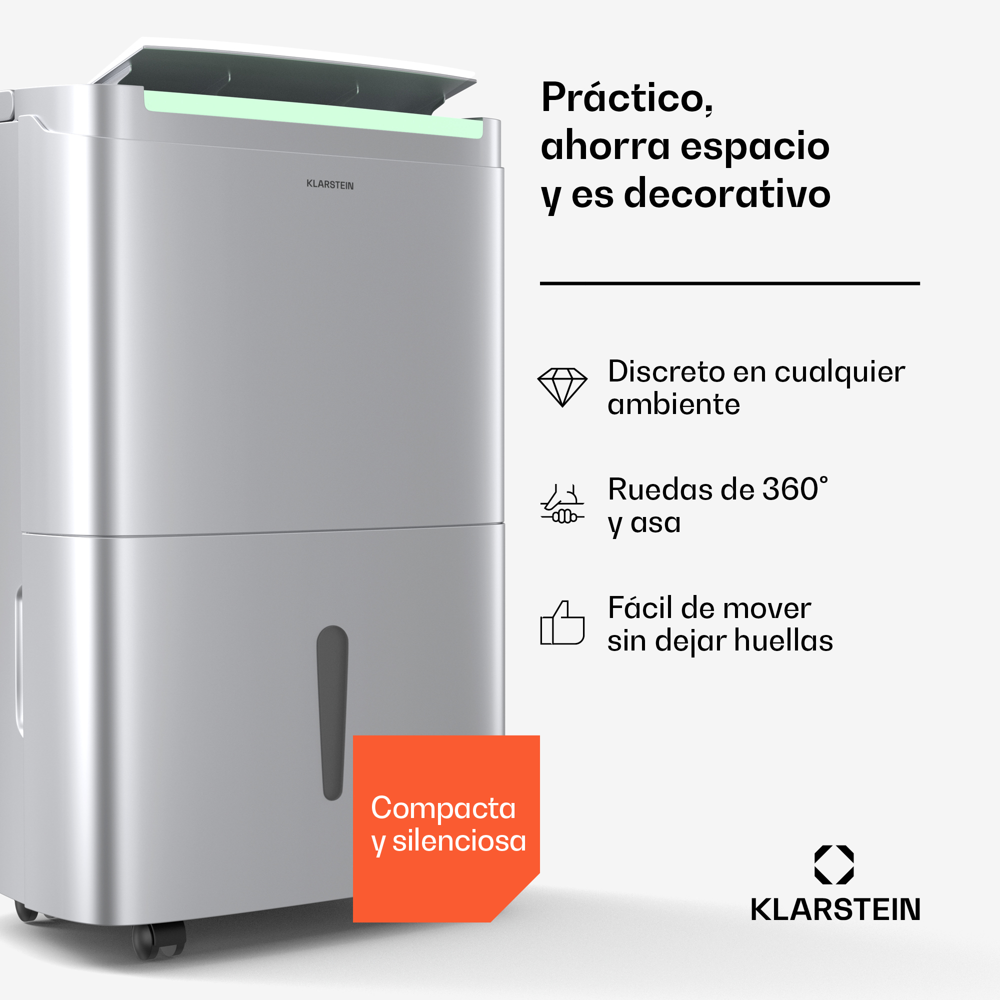 Un deumidificatore argentato con ruote nere. Testo: Pratico, salvaspazio e decorativo. Caratteristiche: ruote, compatto e silenzioso.