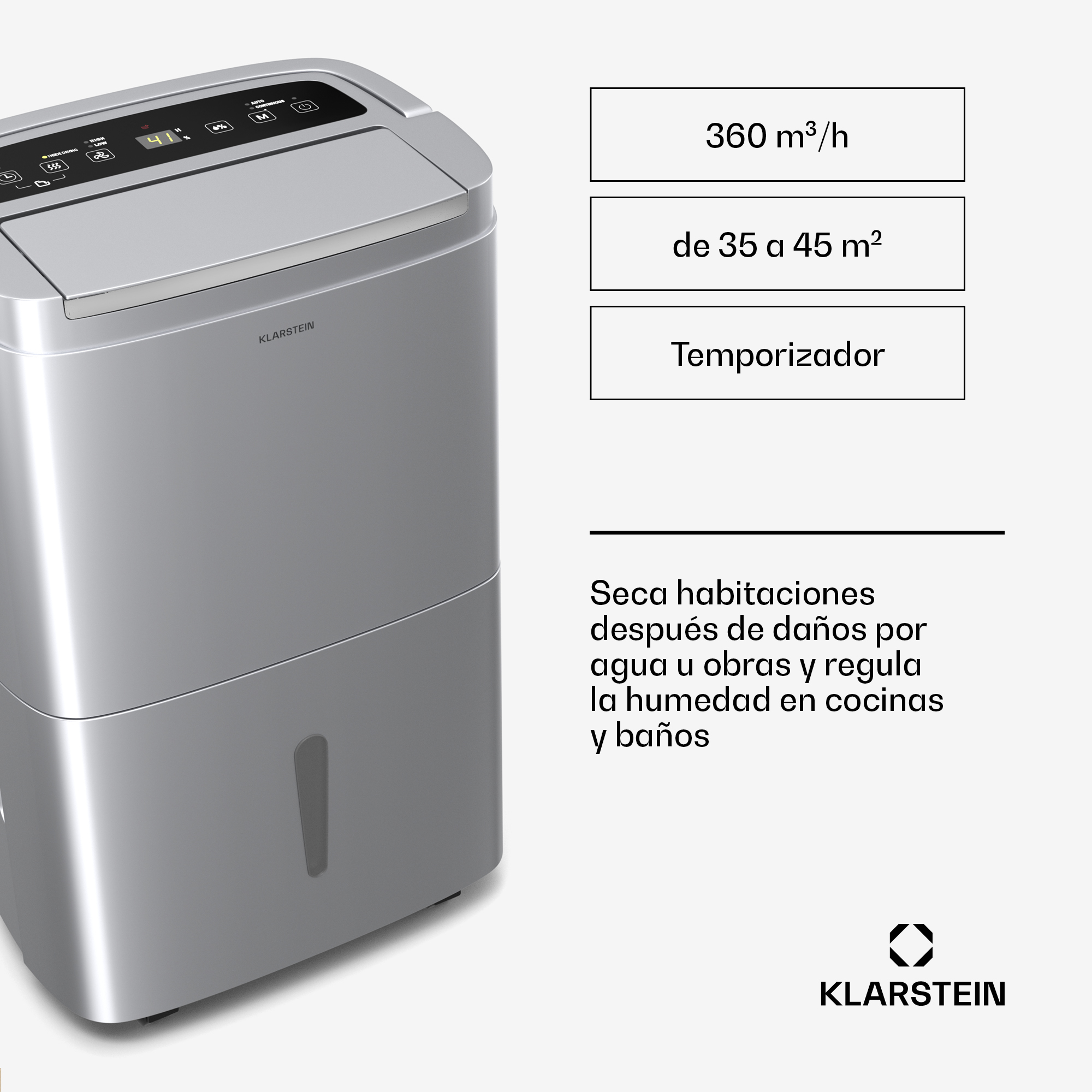 Un deumidificatore argentato con pannello di controllo e testo in spagnolo. Ha un indicatore del livello dell'acqua e il marchio Klarstein.