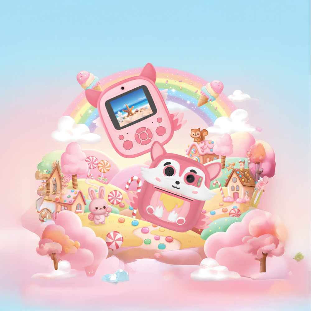 Pembe cihazlar, tilki ve telefon, evler, gökkuşağı, dondurma ve tavşan ile şeker temalı bir diyar. Tatlı ve renkli illüstrasyon.