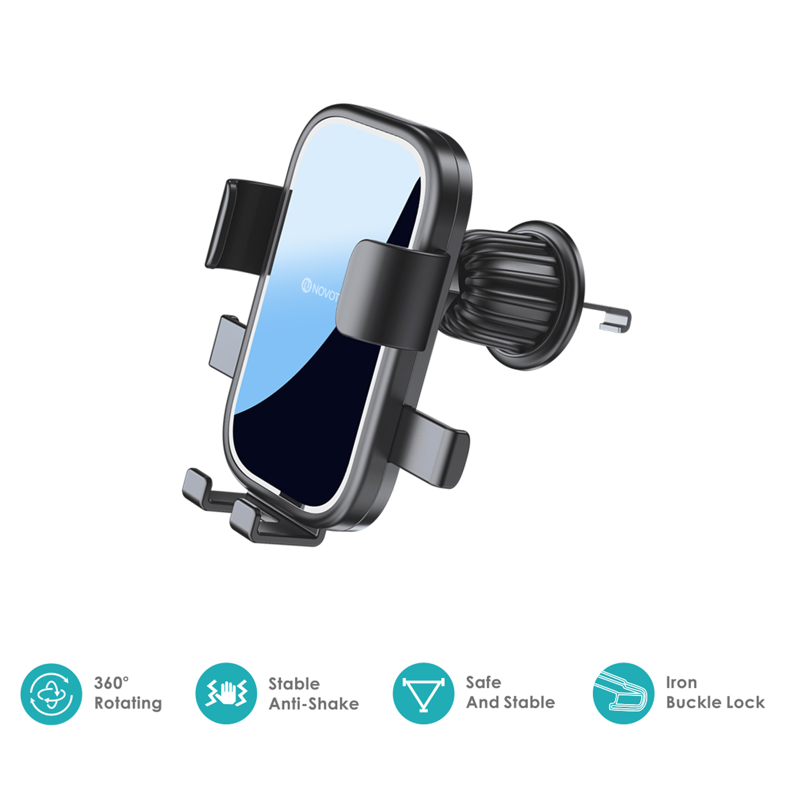 Soporte negro para teléfono de coche con teléfono dentro. Características: rotación 360, anti-vibración, seguro y estable, cierre de hebilla de hierro.