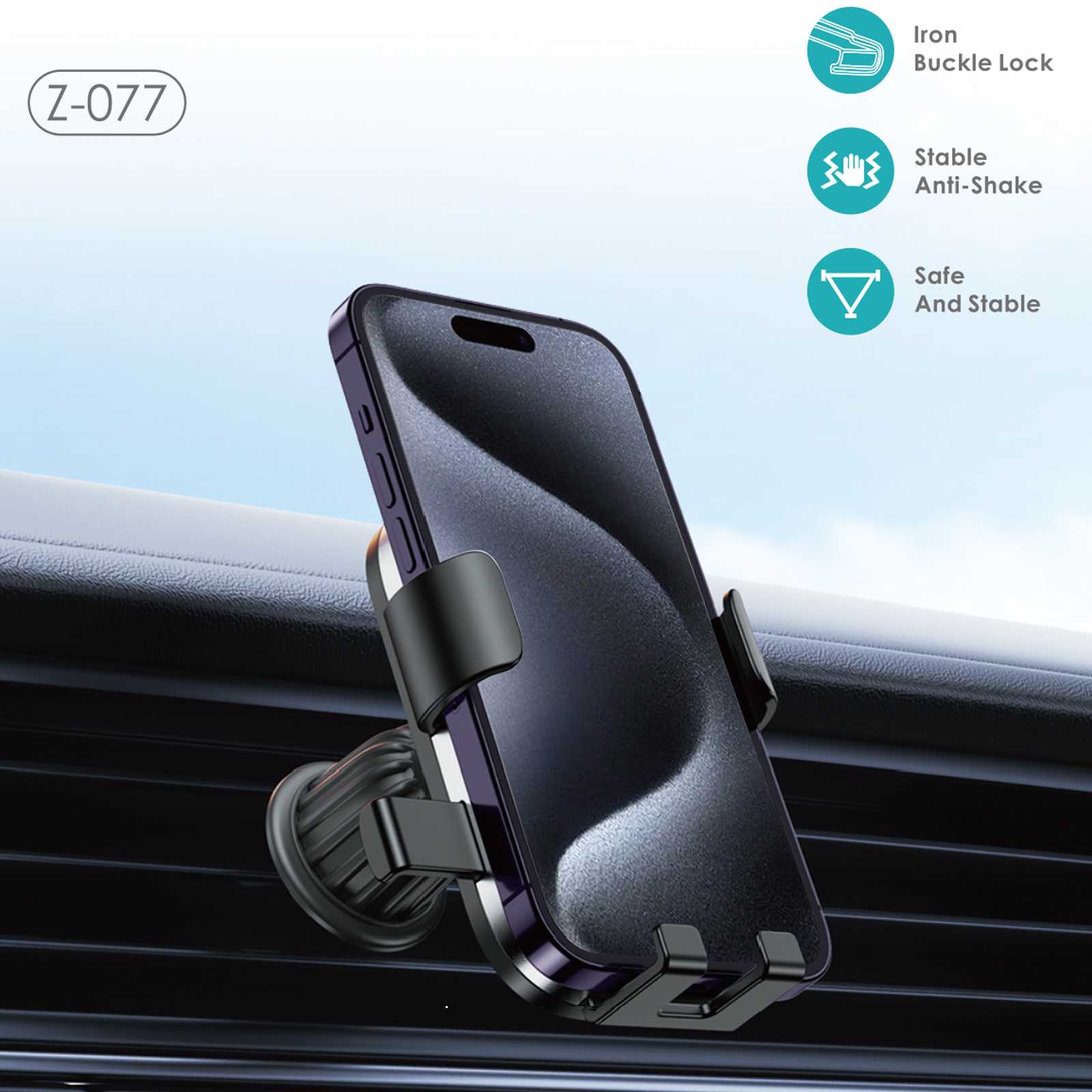 Un teléfono en un soporte para automóvil. El teléfono es negro, el soporte es negro y el fondo es un interior de automóvil.