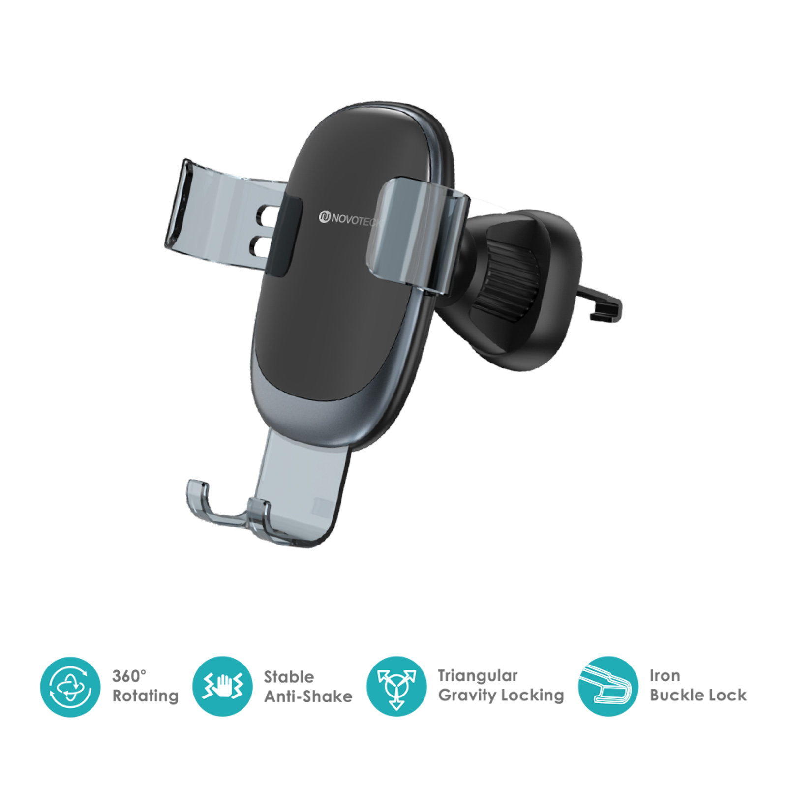 Un soporte para teléfono de coche negro con brazos transparentes. Características: rotación 360°, anti-vibración, bloqueo de gravedad triangular y cierre de hebilla de hierro.
