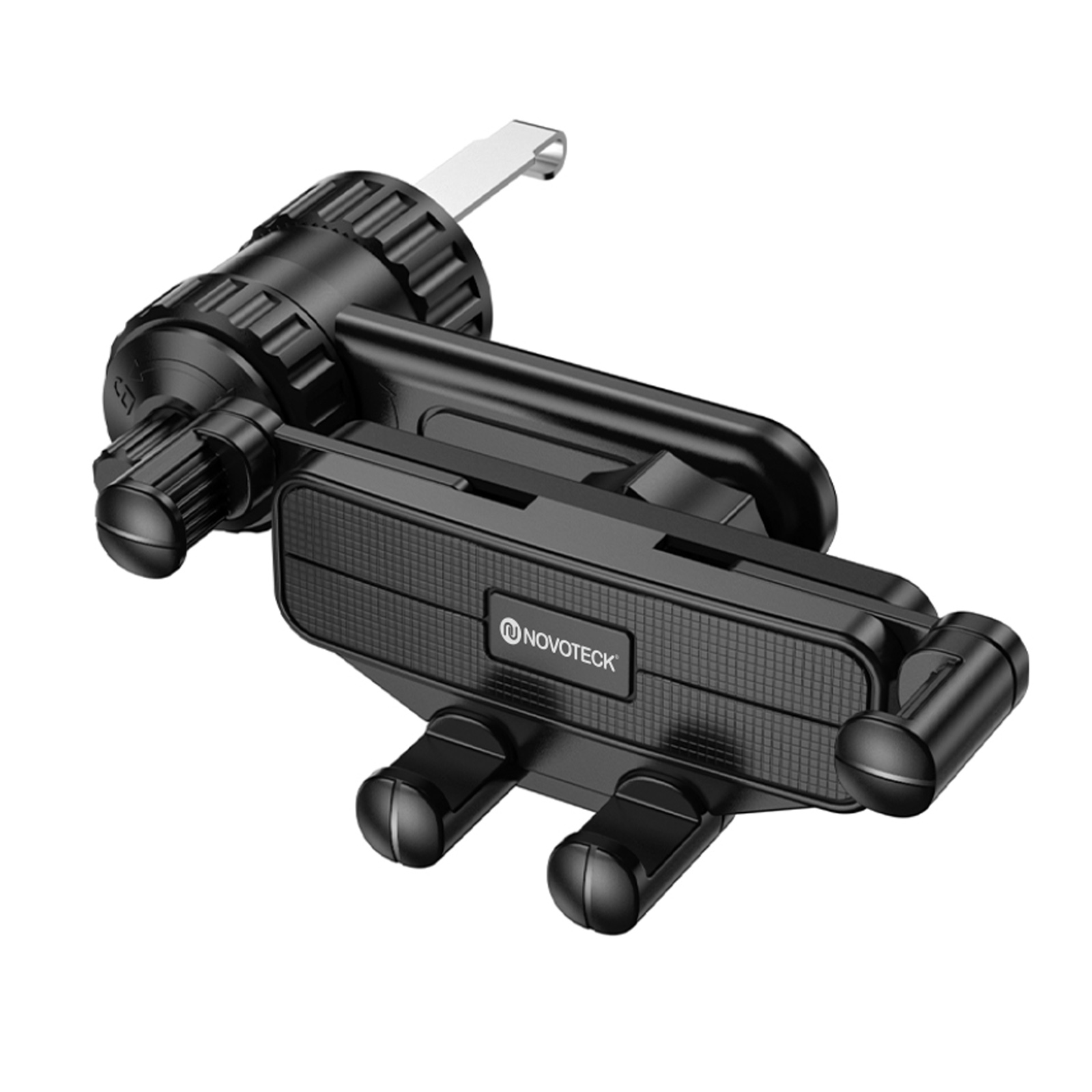 Un soporte negro para teléfono de coche. Tiene brazos ajustables y una pinza para sujetarlo a la ventilación del coche. La marca es Novoteck.