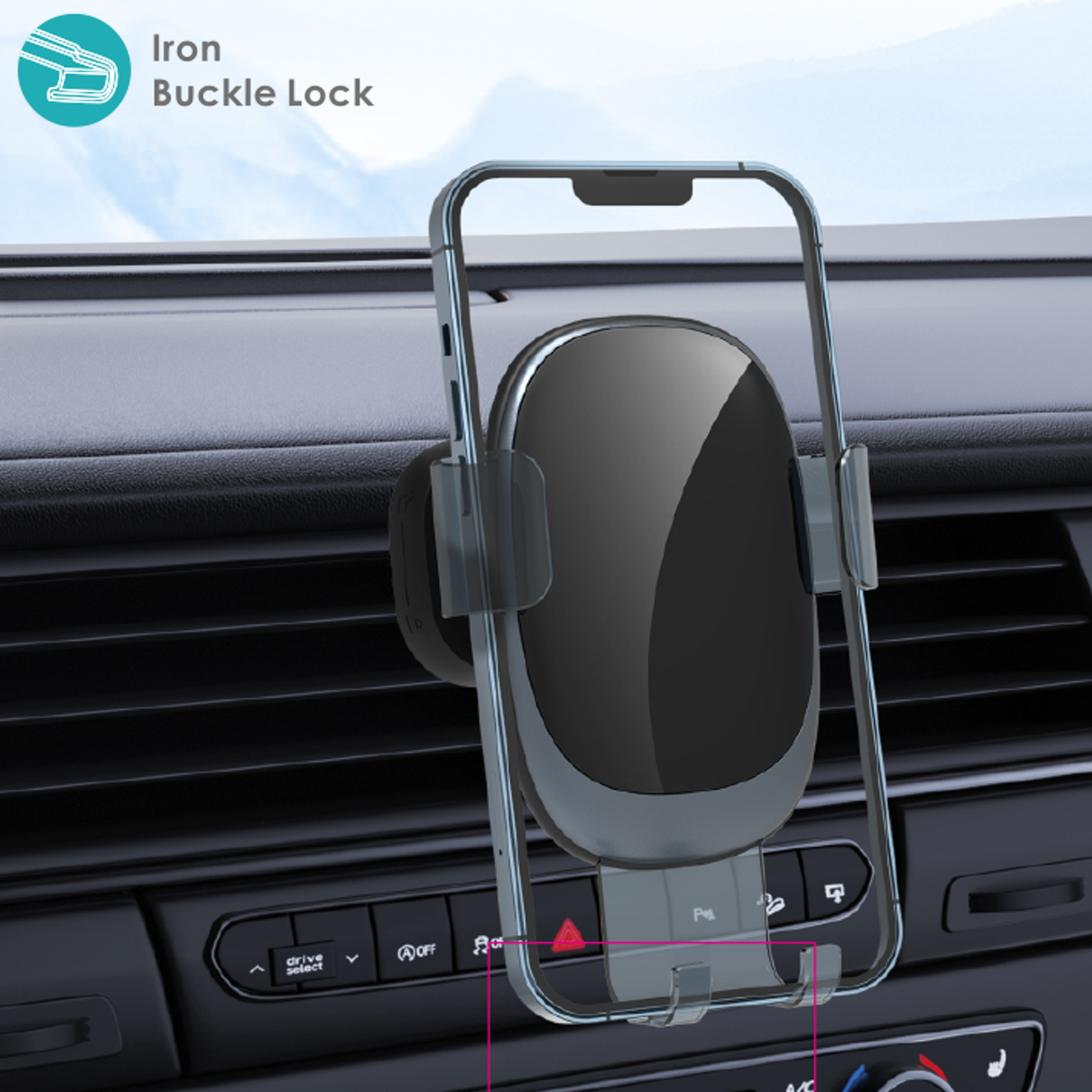 Un teléfono está asegurado en un soporte para teléfono de automóvil. El soporte está montado en el tablero.