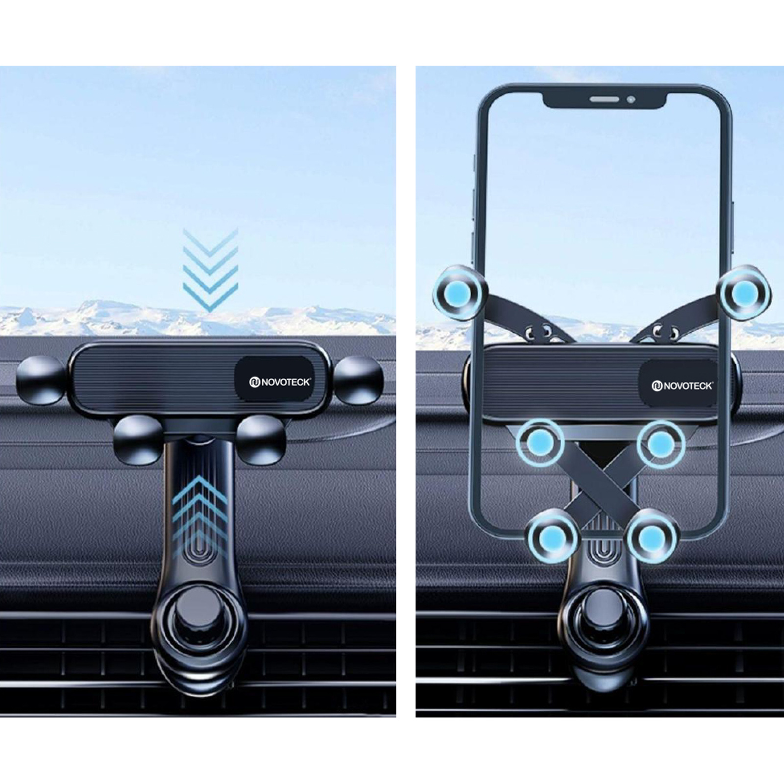 Soporte de teléfono para automóvil; negro, con logo Novoteck. Flechas azules indican dirección. Cielo y tablero de fondo.