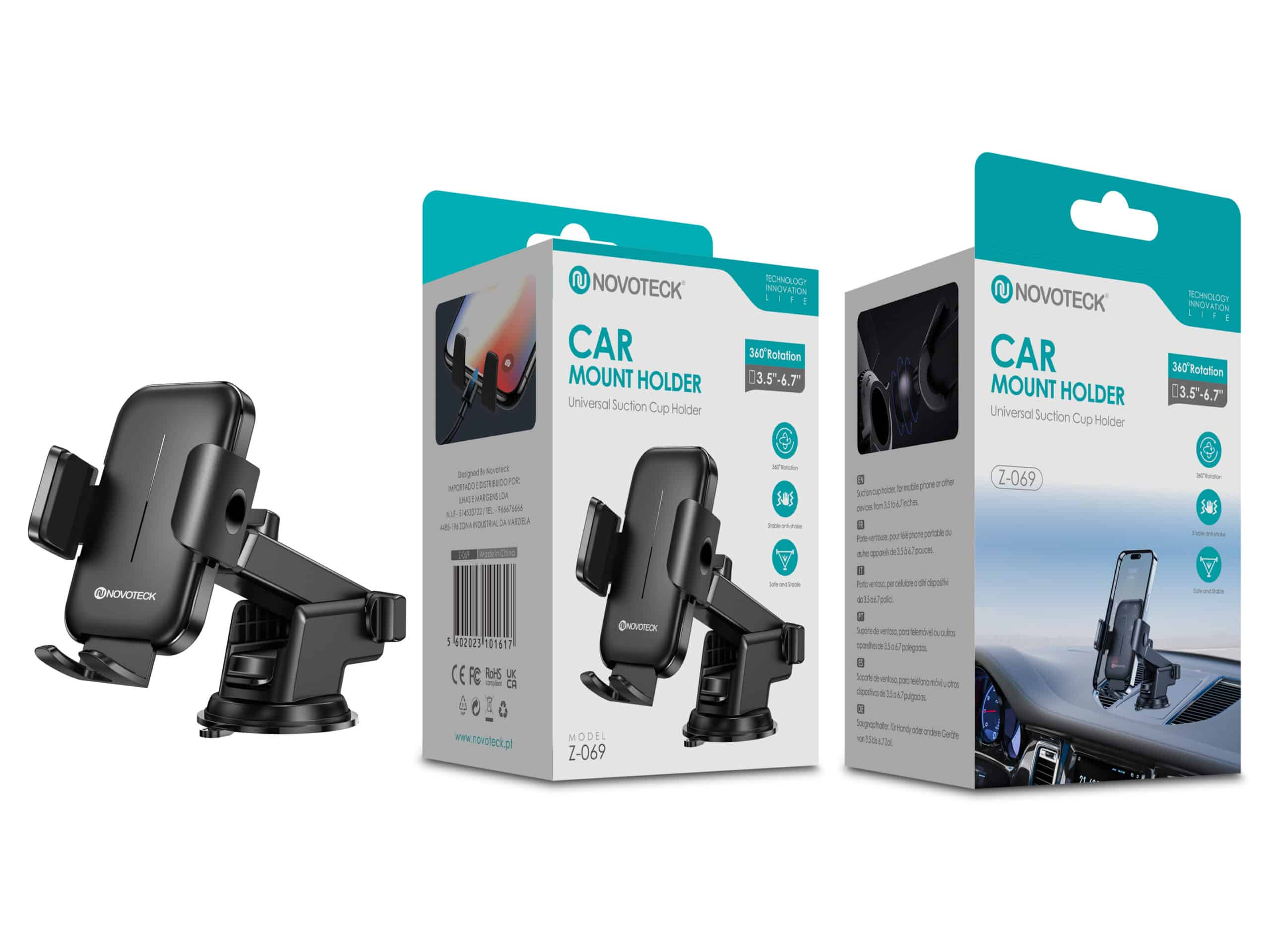 Embalaje del soporte para coche. Soporte negro y caja con detalles del producto y marca.