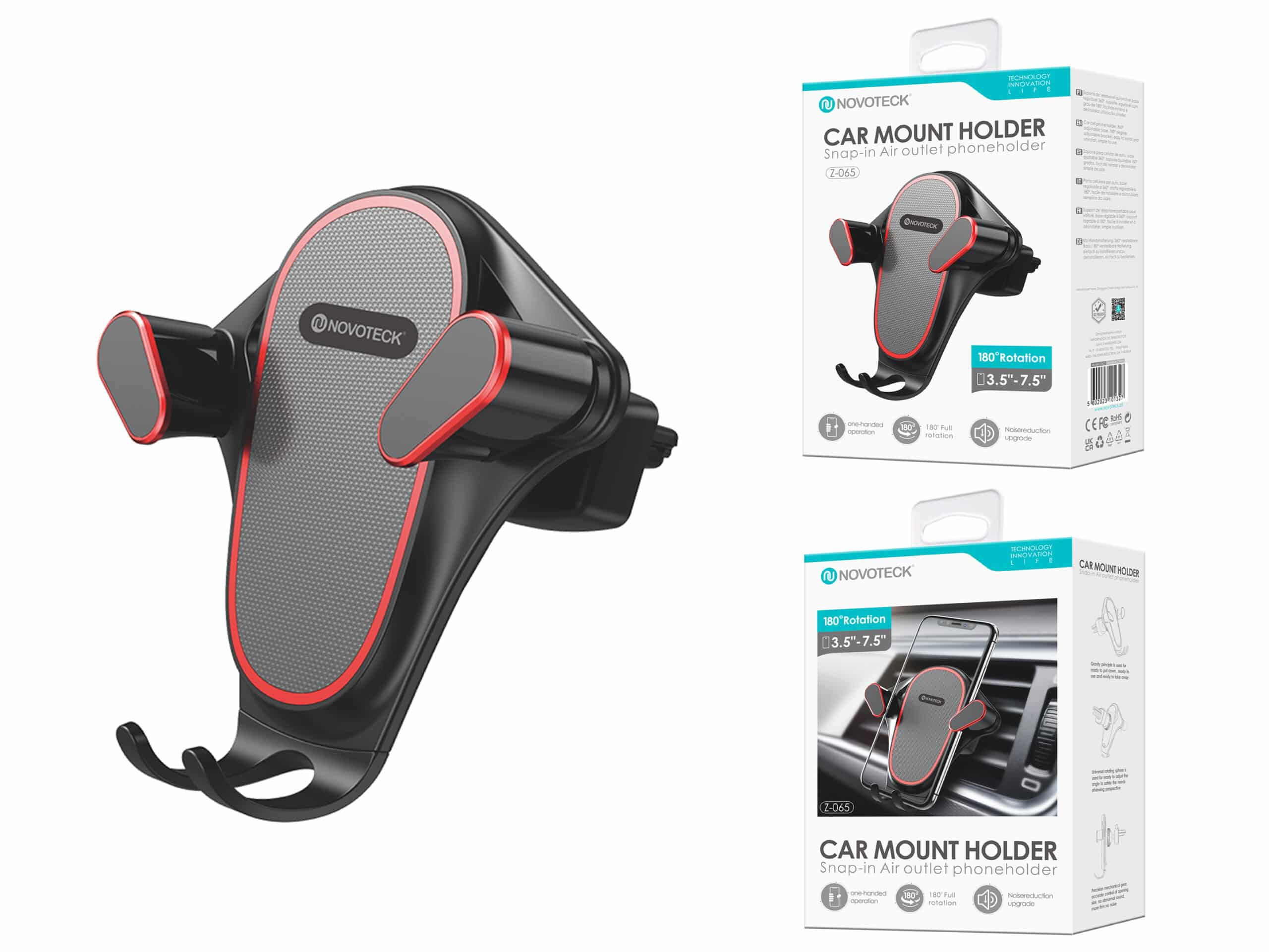 Soporte para teléfono de coche, negro con ribete rojo y embalaje. El soporte está diseñado para la ventilación del coche.