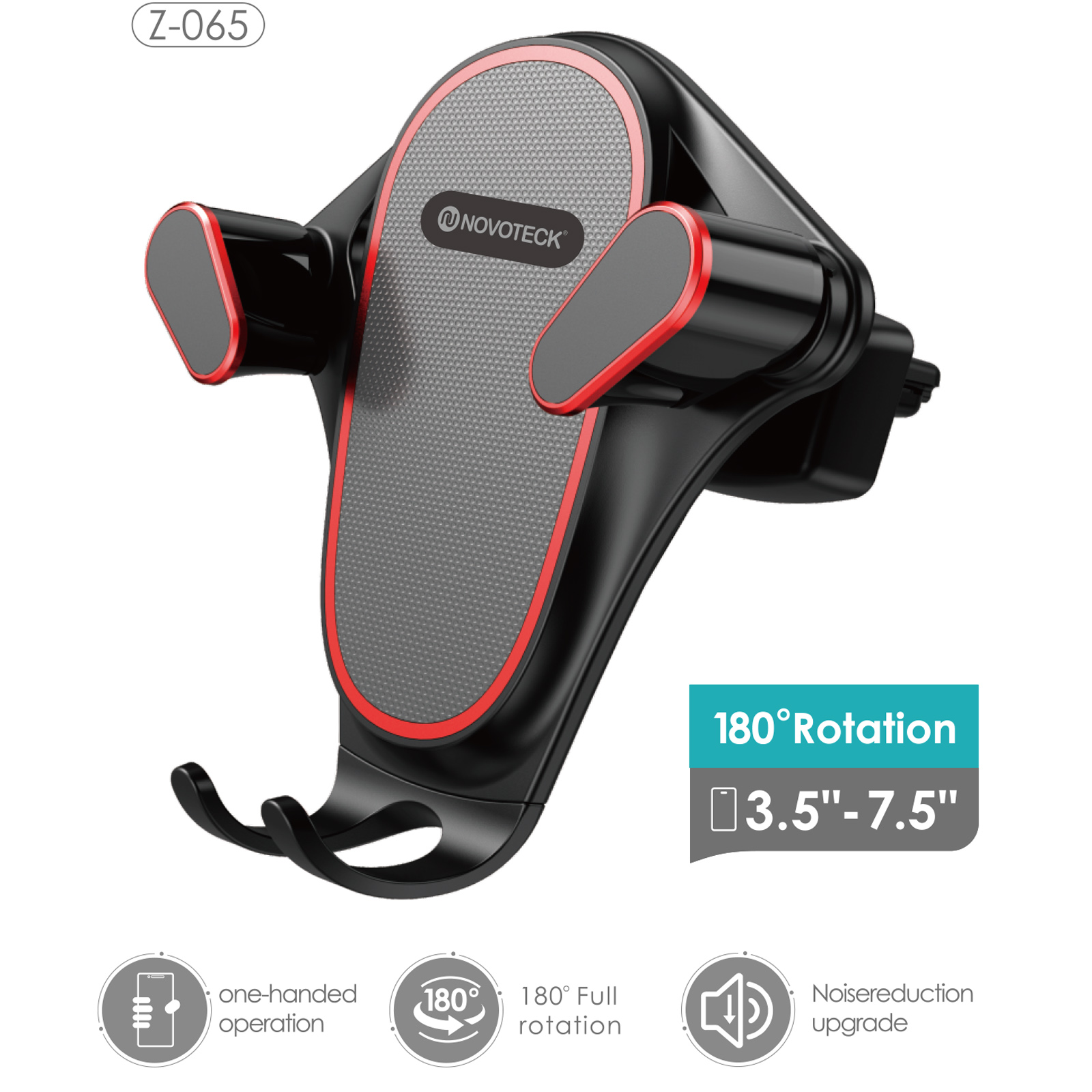 Soporte negro para teléfono de coche con detalles rojos. Incluye rotación de 180° y reducción de ruido. Admite teléfonos de 3.5" a 7.5".