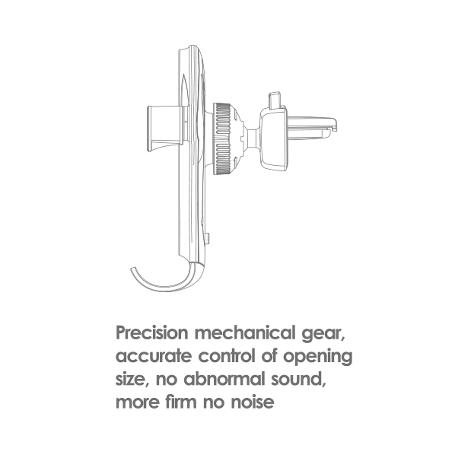 Diagrama de un soporte para teléfono de ventilación de coche en blanco. Presenta un gancho, engranaje ajustable y soporte rectangular.