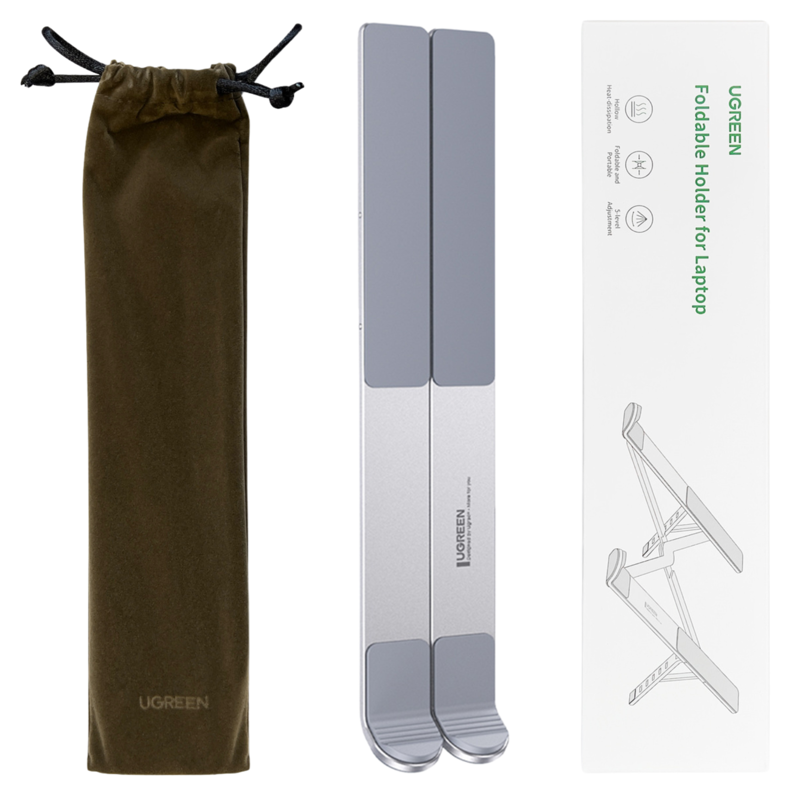 Obraz przedstawia stojak na laptopa i torbę. Stojak jest srebrny, a torba oliwkowa. Pudełko jest białe.