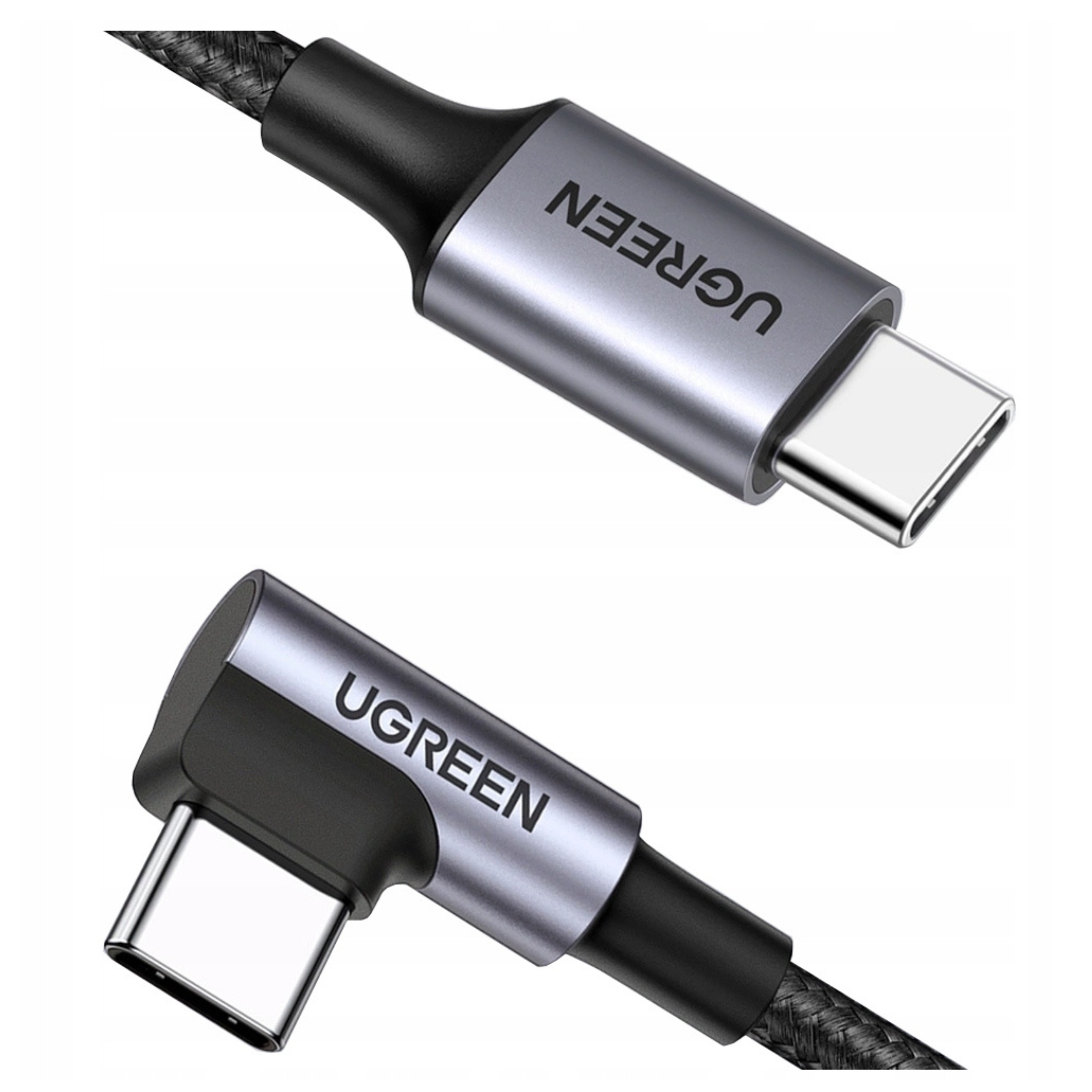 Dwa kable USB-C UGREEN. Jeden prosty, drugi kątowy. Obie srebrne wtyczki i czarne plecione kable.