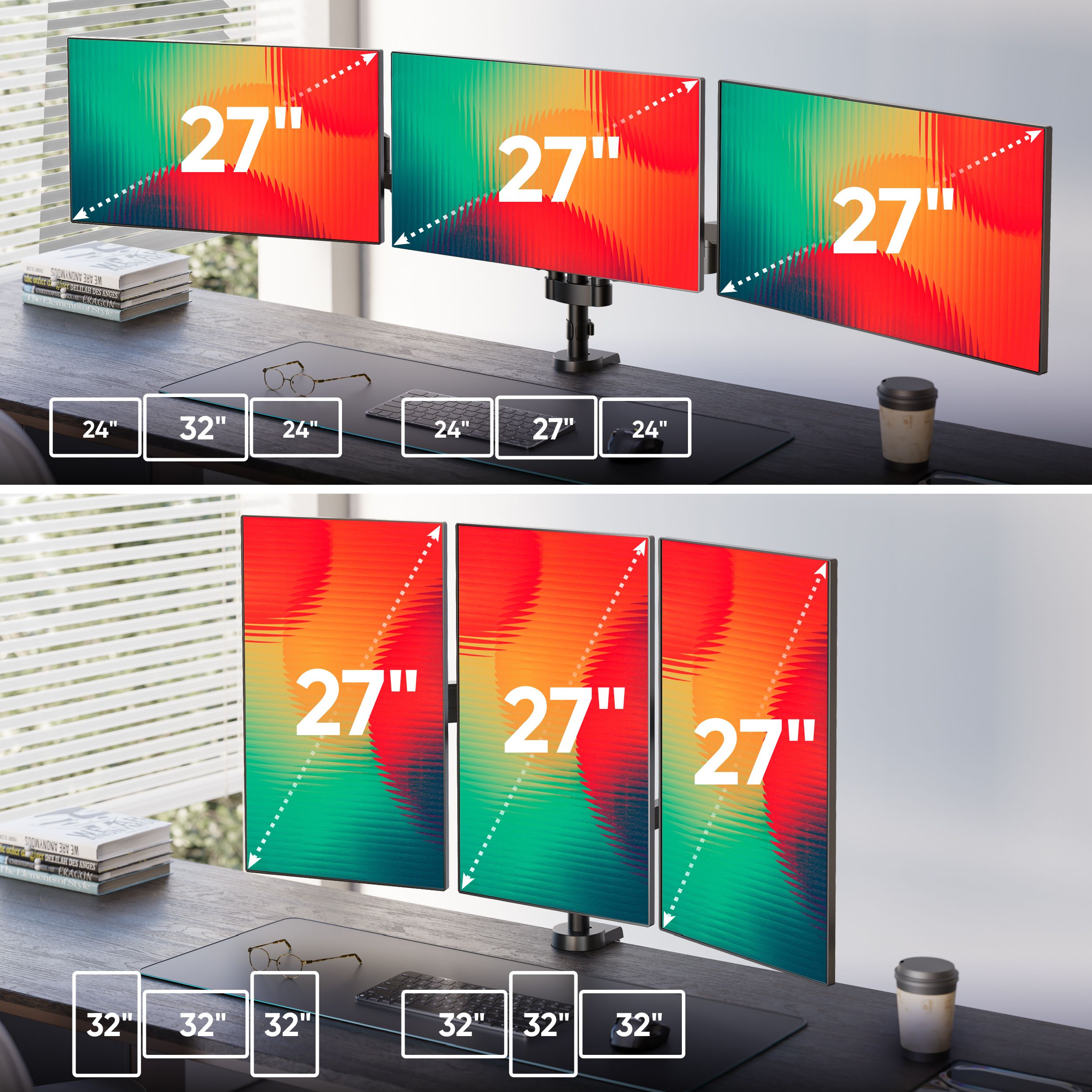 Trzy monitory 27-calowe na biurku z klawiaturą, okularami i kubkiem kawy. Pokazano wymiary biurek.