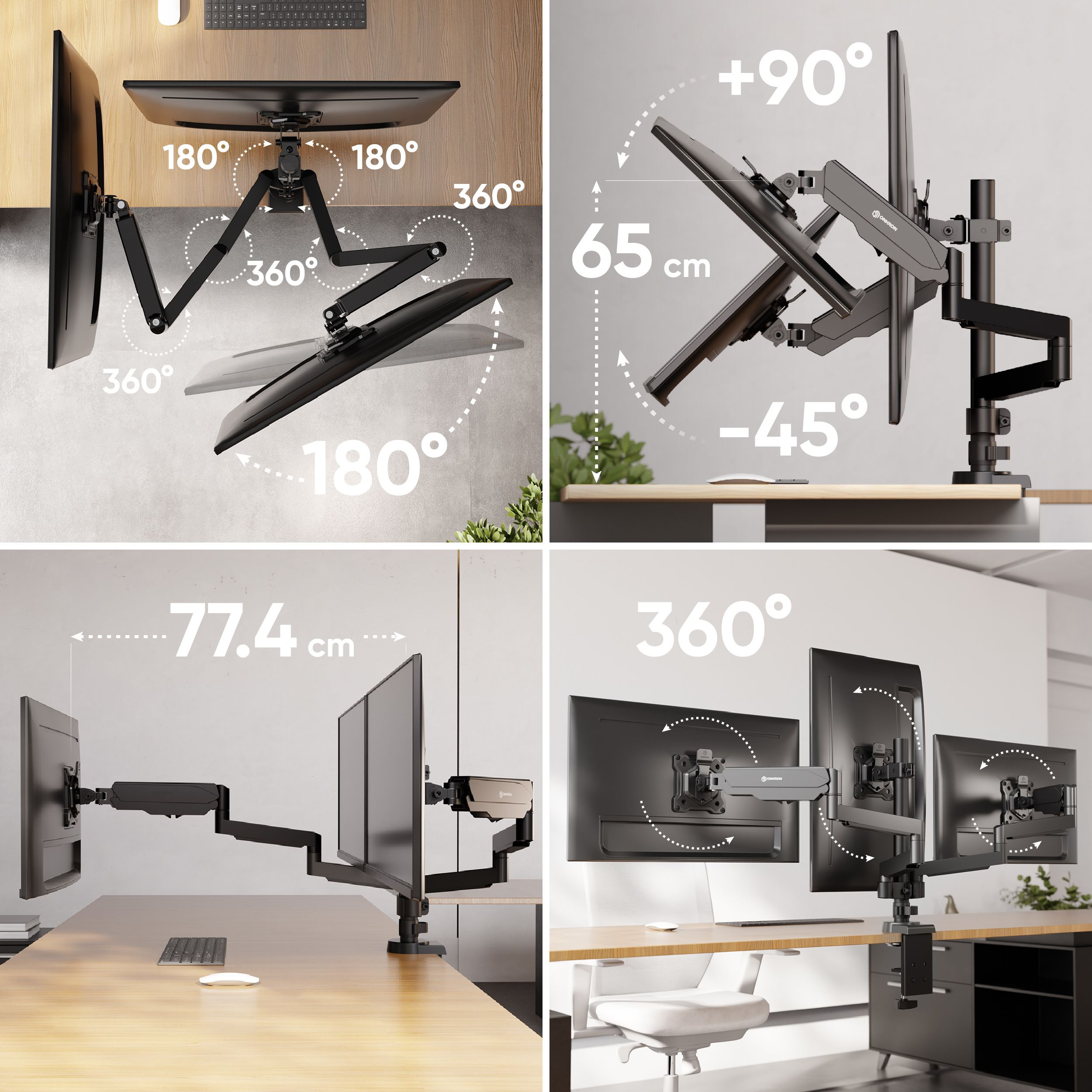 Zdjęcia produktu przedstawiające ramiona monitorów z regulowanymi kątami i wymiarami na biurkach, z klawiaturą i myszą.