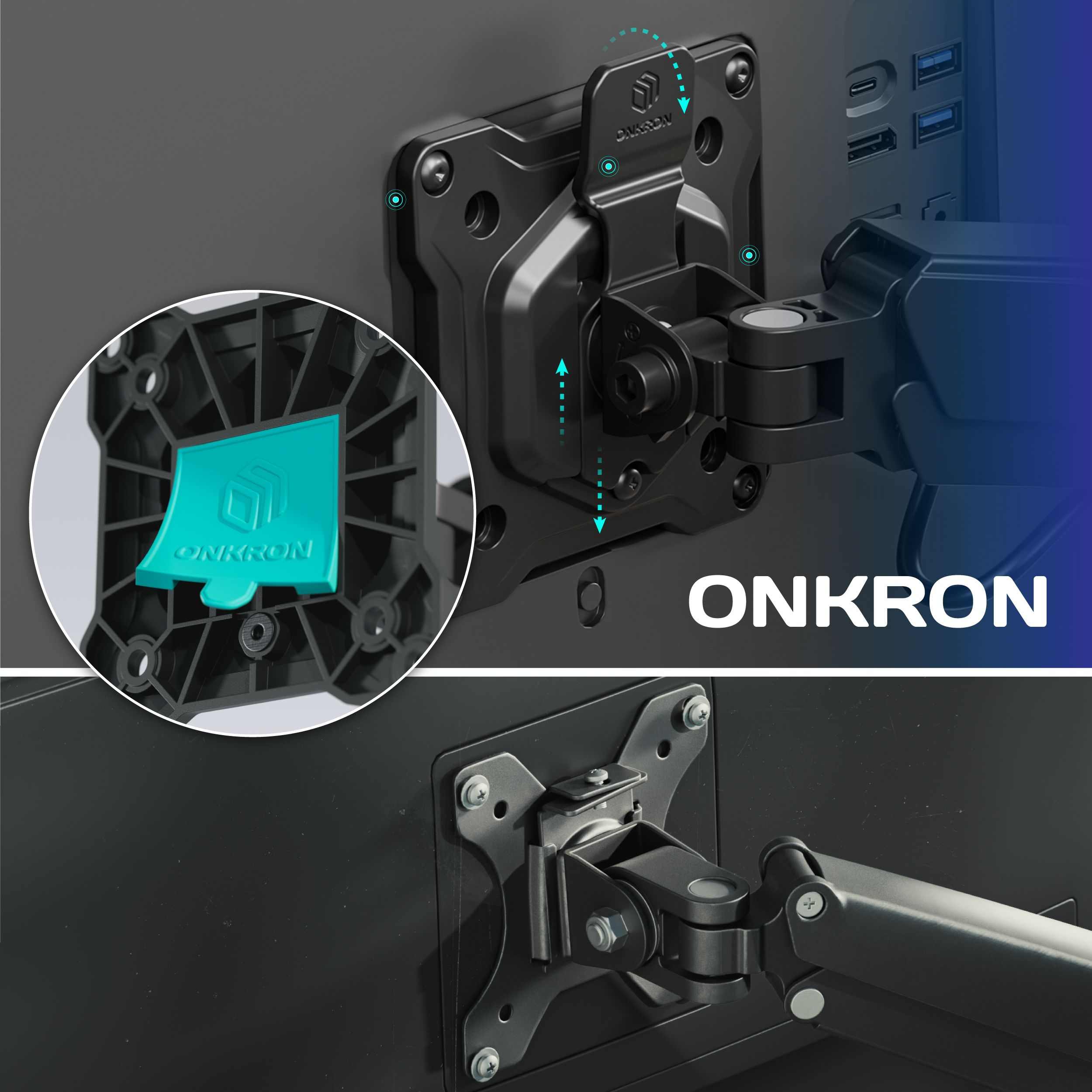 Czarny uchwyt do monitora z logo ONKRON, zbliżenia detali. Zawiera turkusowy detal, porty komputera i niebieski gradient.