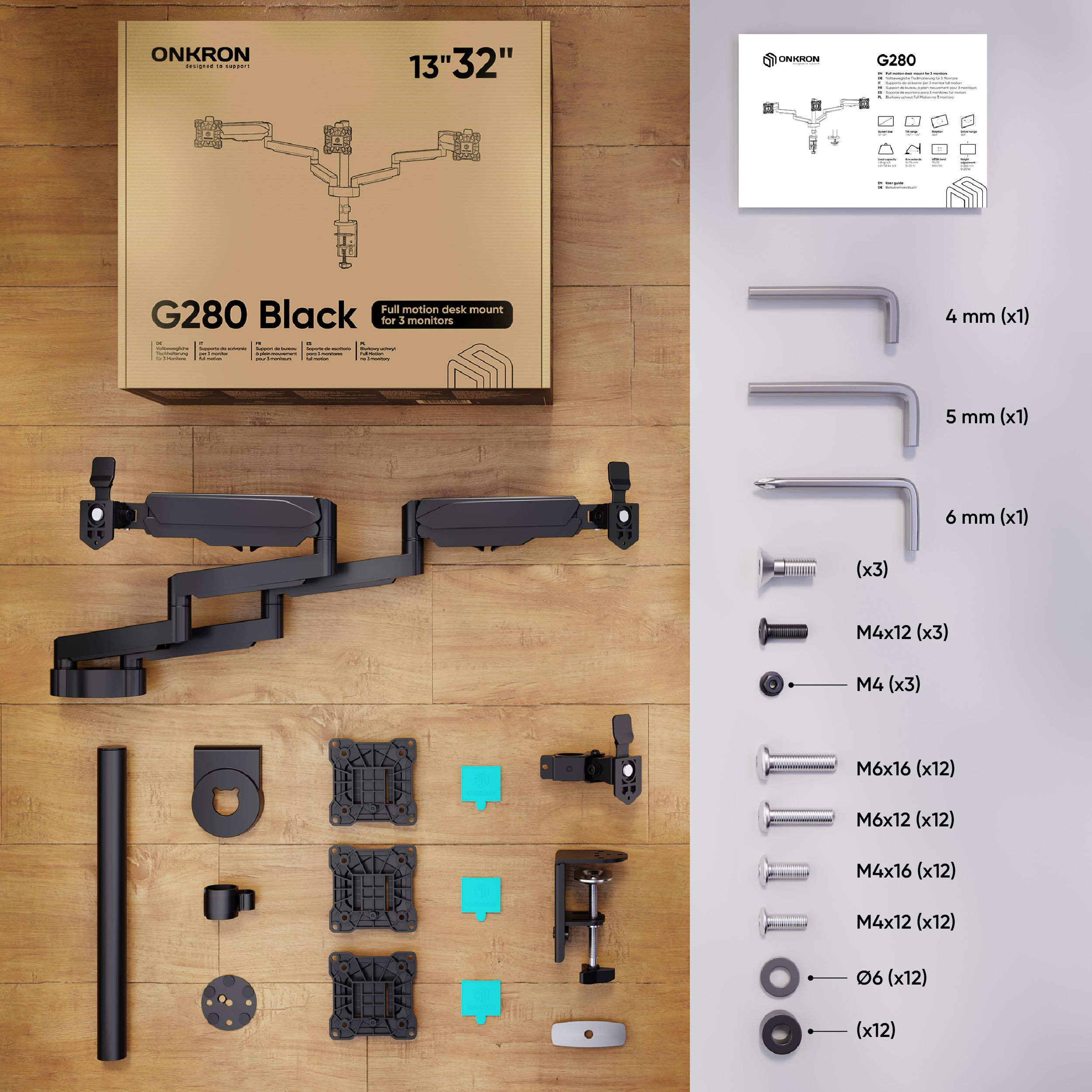 Zestaw do montażu biurka z pudełkiem, ramionami, śrubami i narzędziami na drewnie.