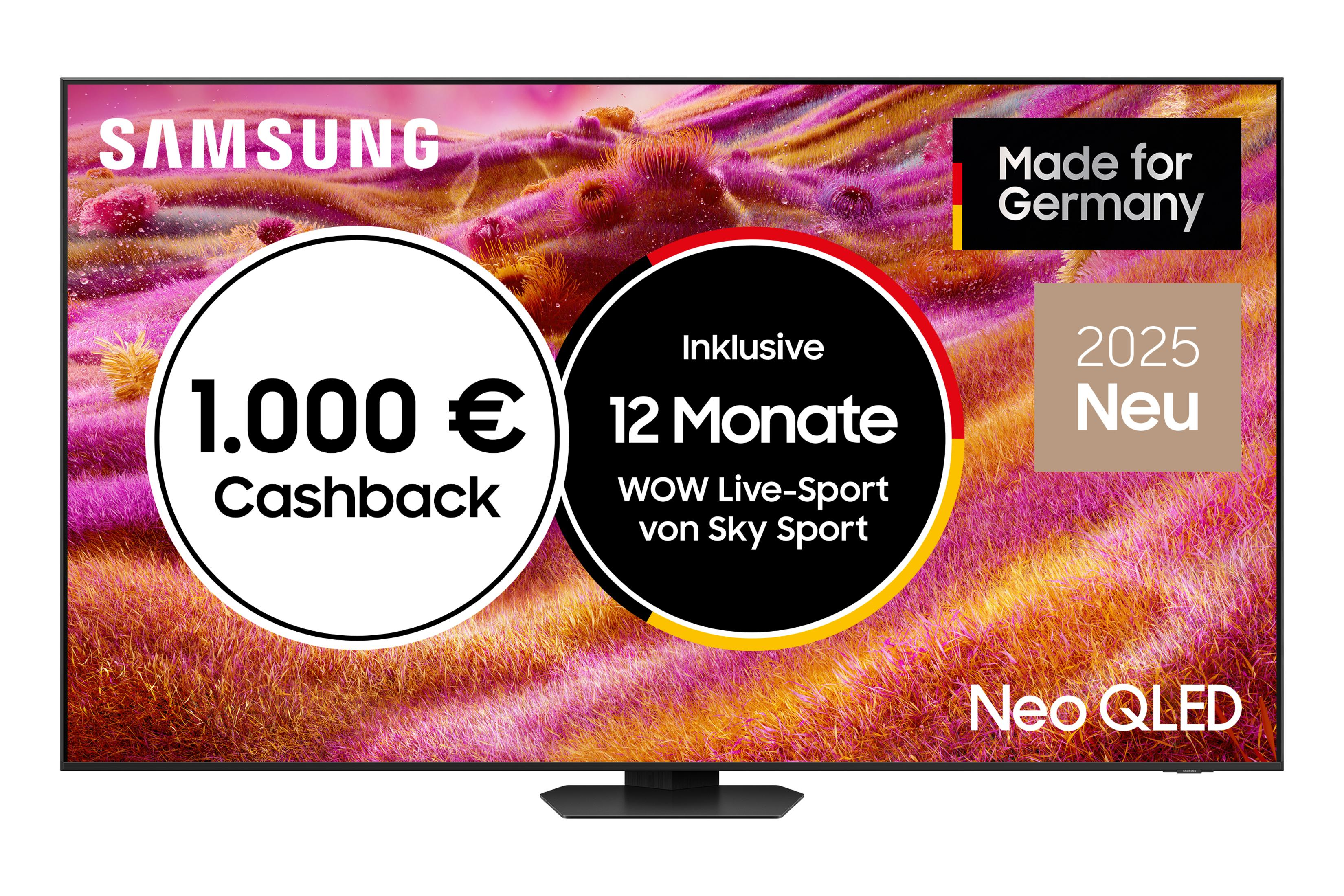 Reklama telewizora Samsung Neo QLED z ofertą cashback, Sky Sport i tekstem 'Made for Germany' na kolorowym tle.