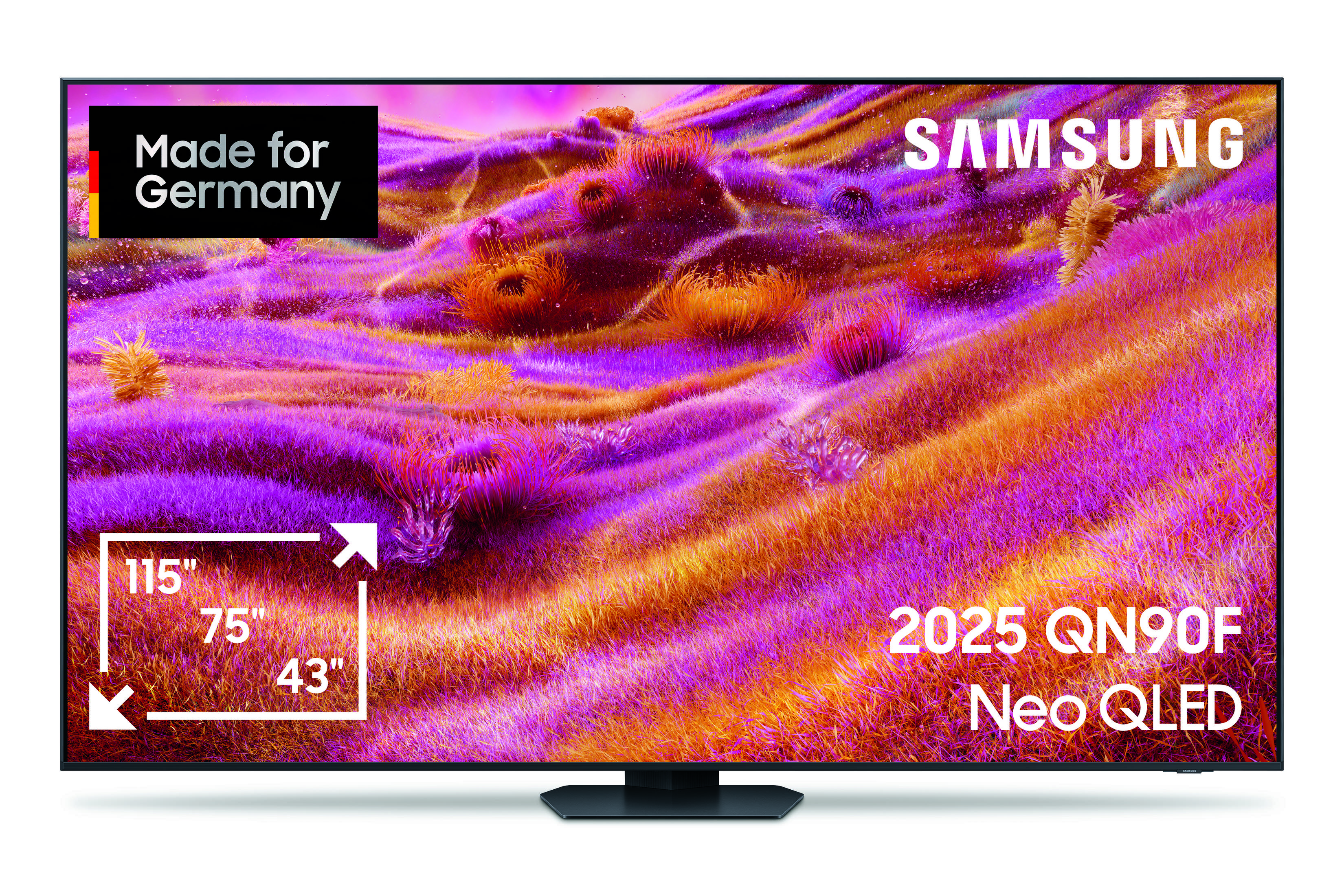 Telewizor Samsung Neo QLED. Przedstawia kolorowy, abstrakcyjny krajobraz. Ma wymiary 115", 75" i 43".