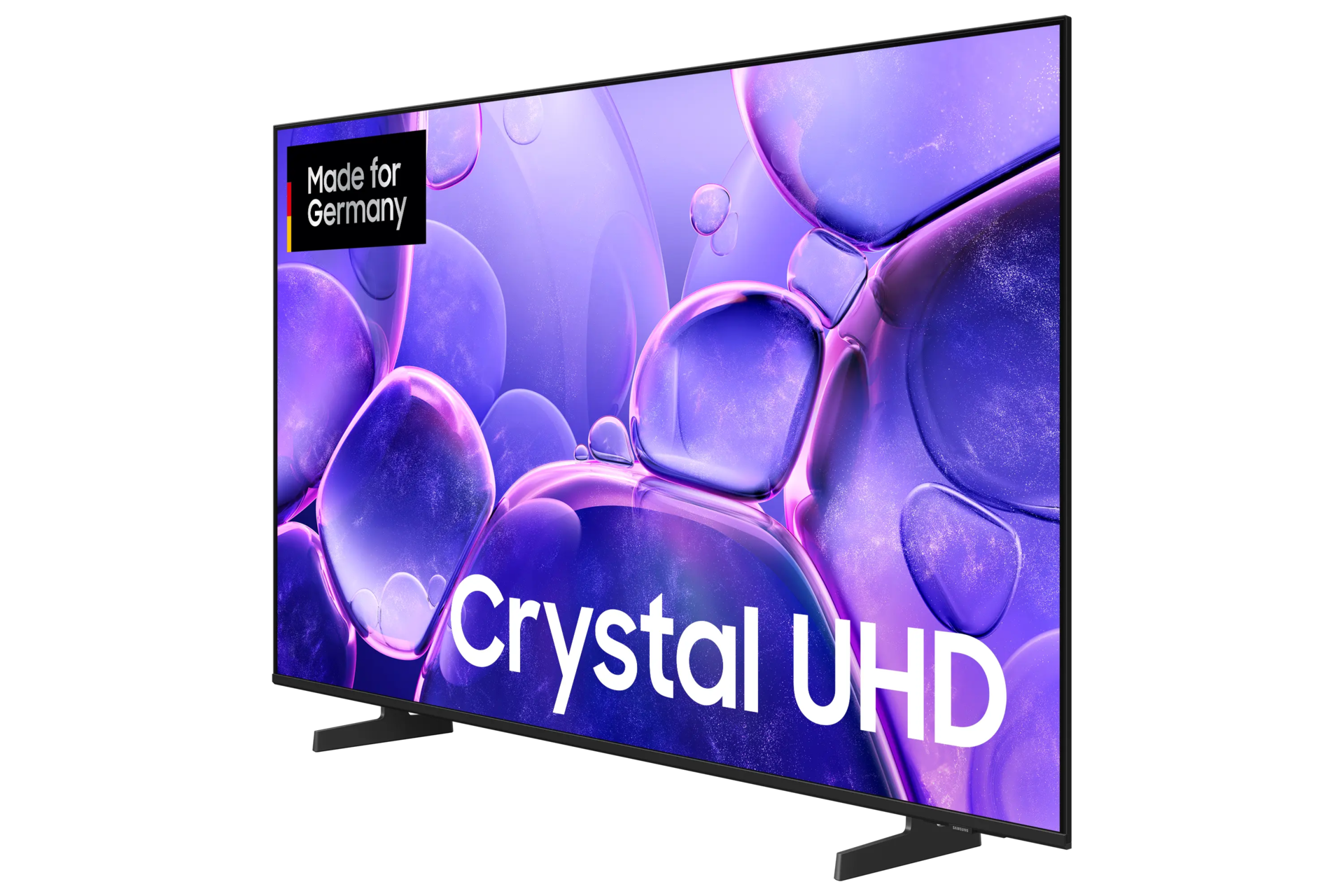 Telewizor Samsung Crystal UHD. Ma czarną ramkę i ekran z fioletowymi, pęcherzykowatymi kształtami. Telewizor ma dwie nogi.