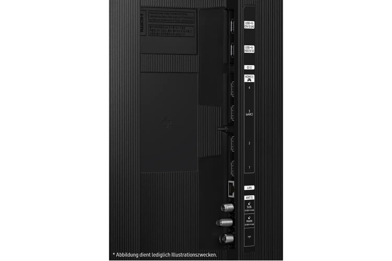 Rückseite eines schwarzen Fernsehers mit verschiedenen Anschlüssen wie HDMI, USB, LAN, ANT und SUB. Text auf Koreanisch.