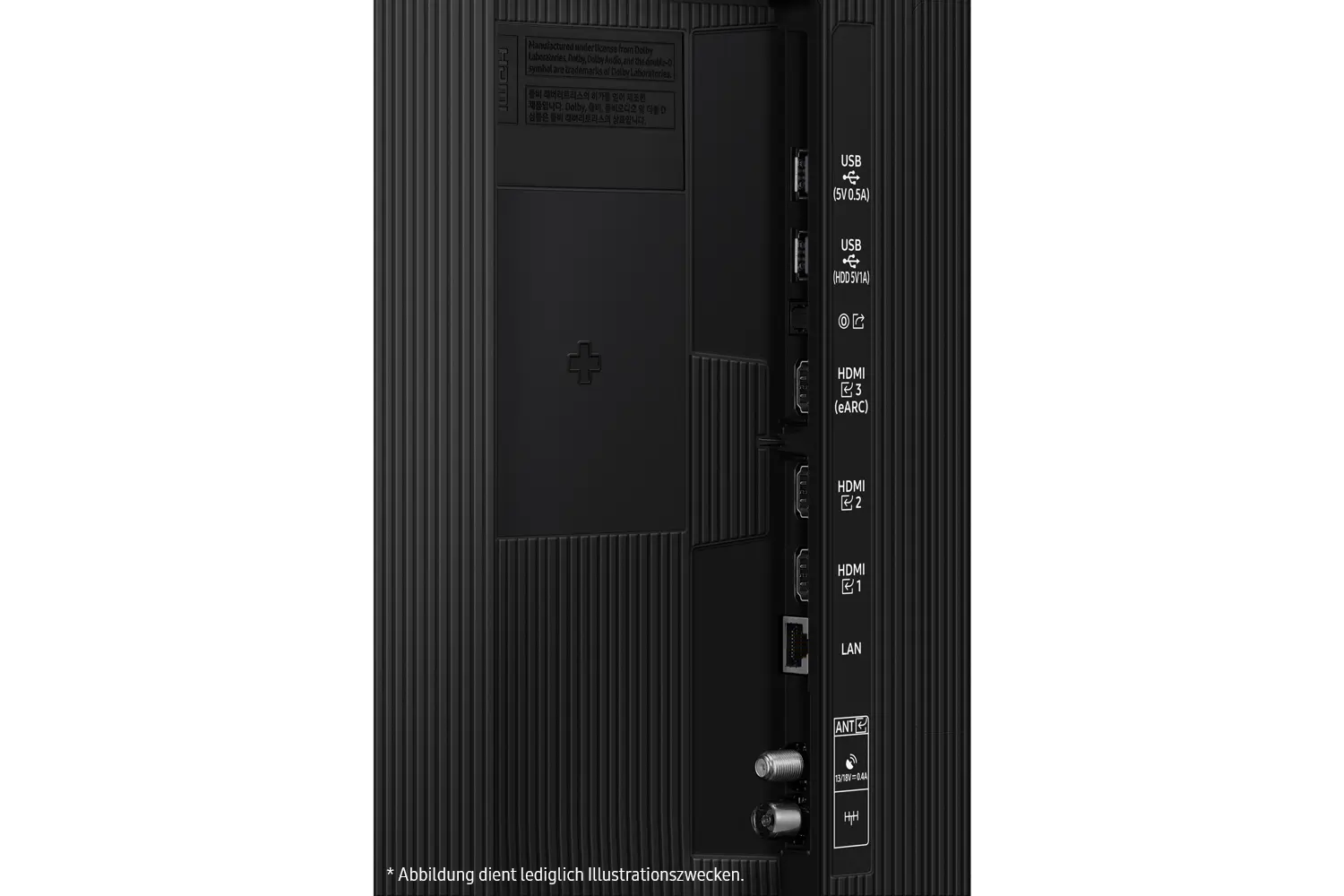 Schwarze TV-Rückwand mit Anschlüssen: USB, HDMI, LAN, ANT. Text und Symbole sind sichtbar.