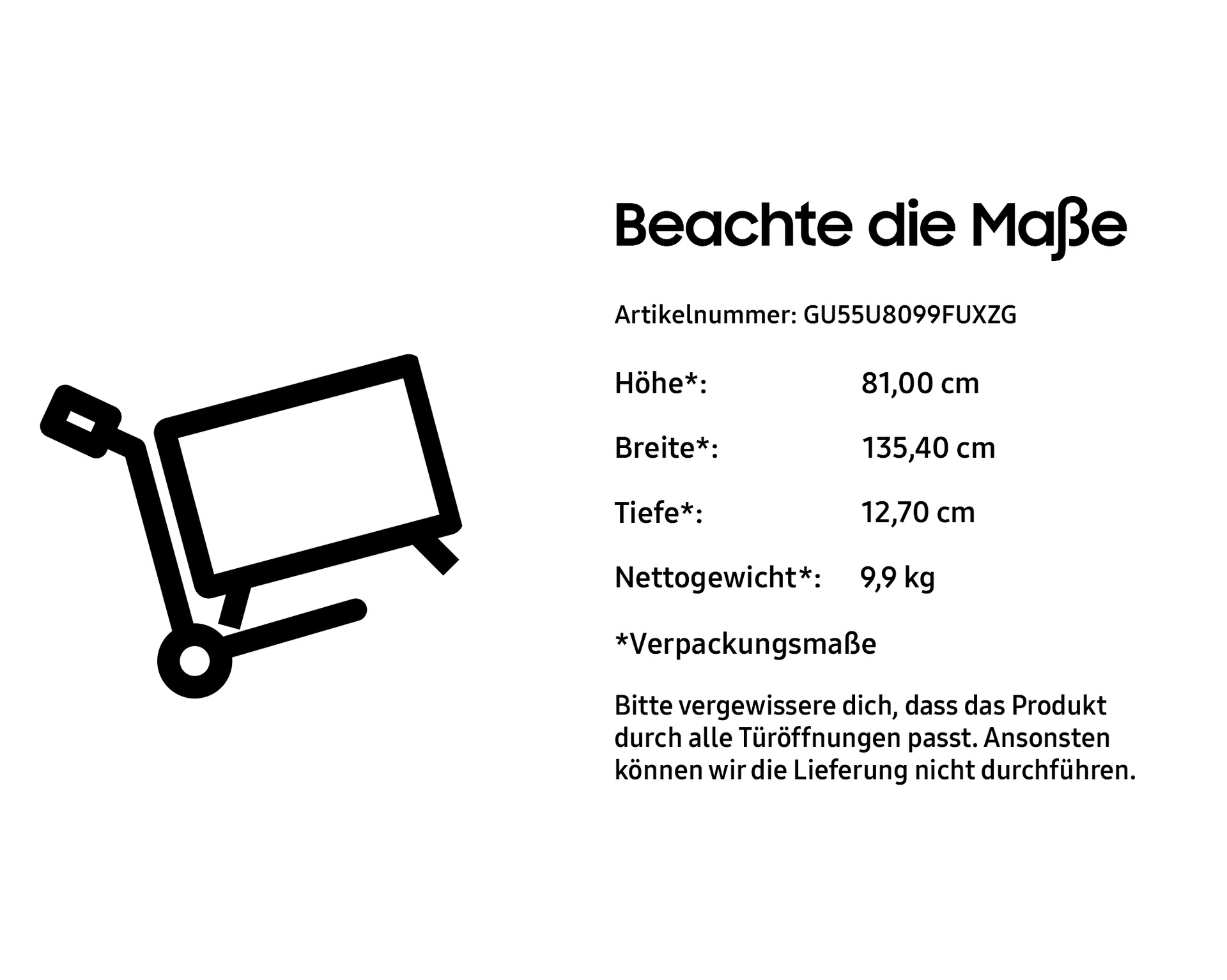 Grafika przedstawia wózek z wymiarami: wysokość 81cm, szerokość 135,4cm, głębokość 12,7cm, waga netto 9,9 kg. Tekst po polsku.