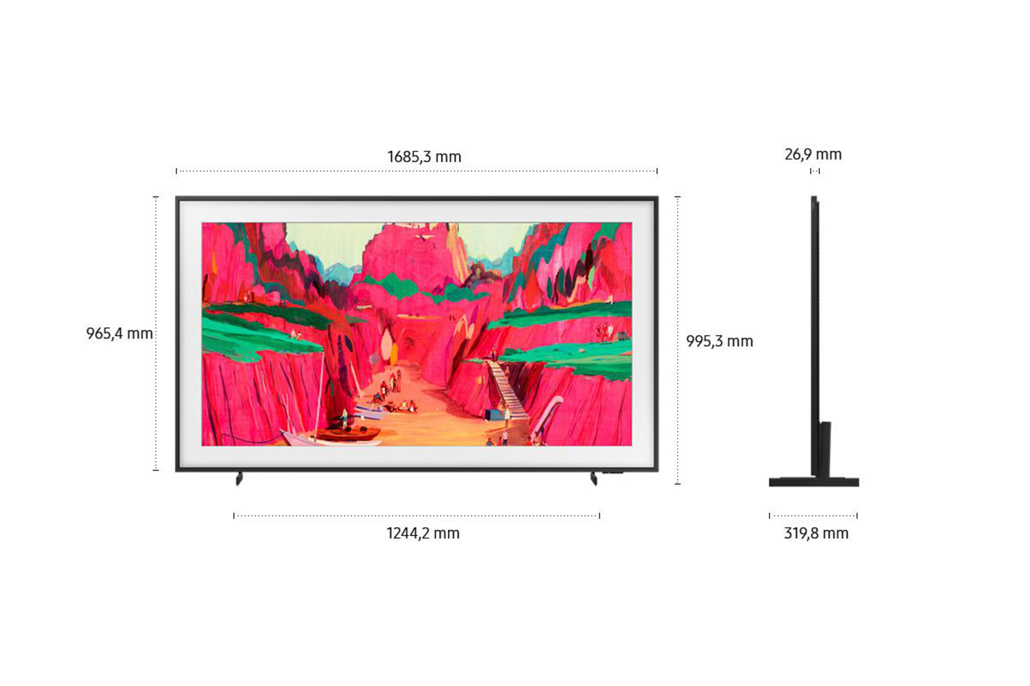 Telewizor z obrazem krajobrazu z różowymi klifami, łodzią i ludźmi. Wyświetlane wymiary.