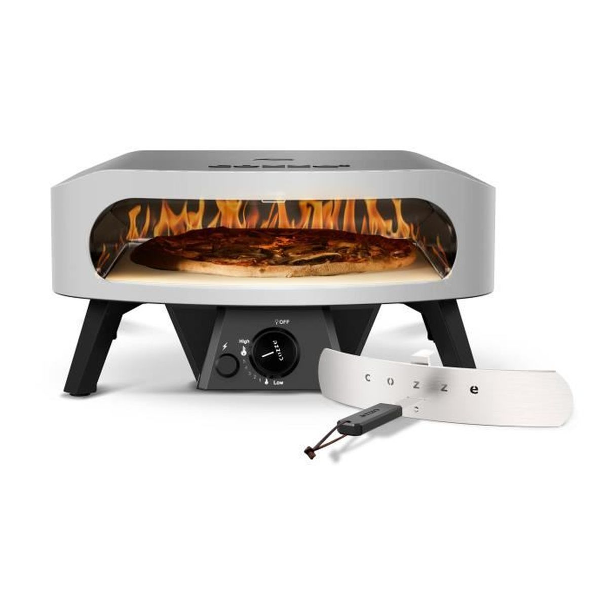 Ein Pizzaofen mit Pizza darin. Flammen sind sichtbar. Ein Pizzaschieber und ein Bedienfeld sind vorne. Der Ofen hat schwarze Beine.
