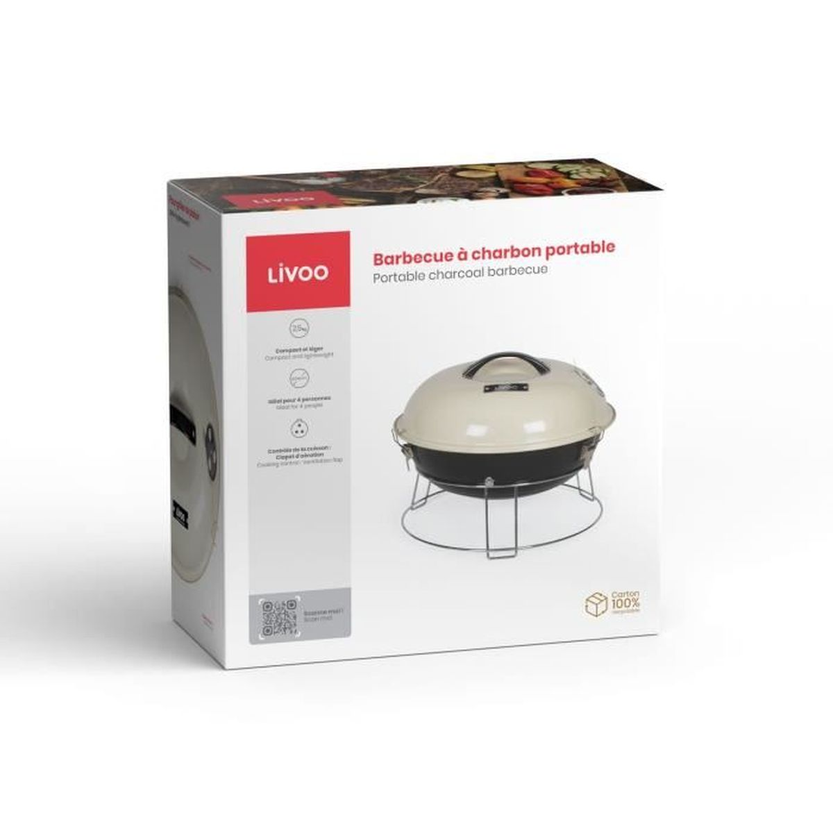 Eine Schachtel mit einem tragbaren Holzkohlegrill. Die Schachtel ist weiß mit Text und Bildern, der Grill ist beige und schwarz.