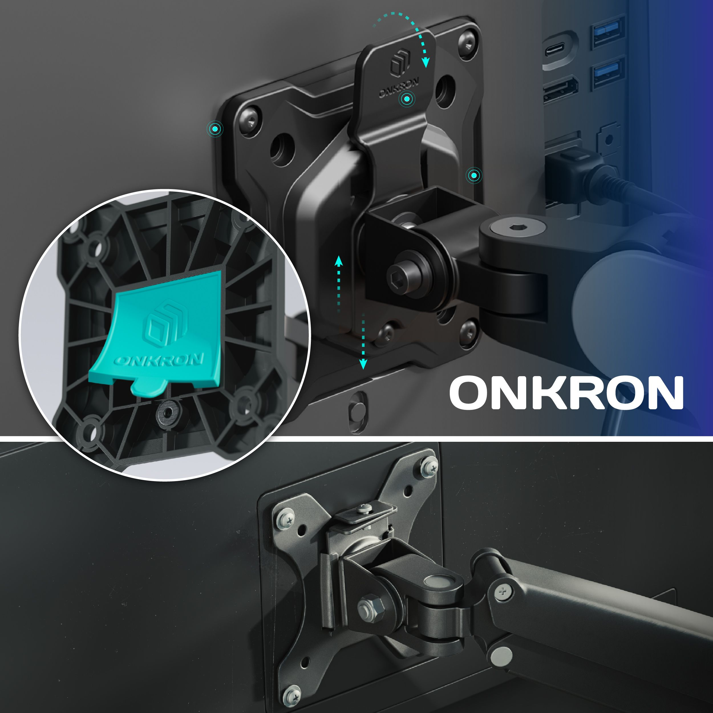 Czarny uchwyt monitora ze szczegółami montażu. Widoczne logo ONKRON. Szczegół uchwytu ze strzałkami ruchu.